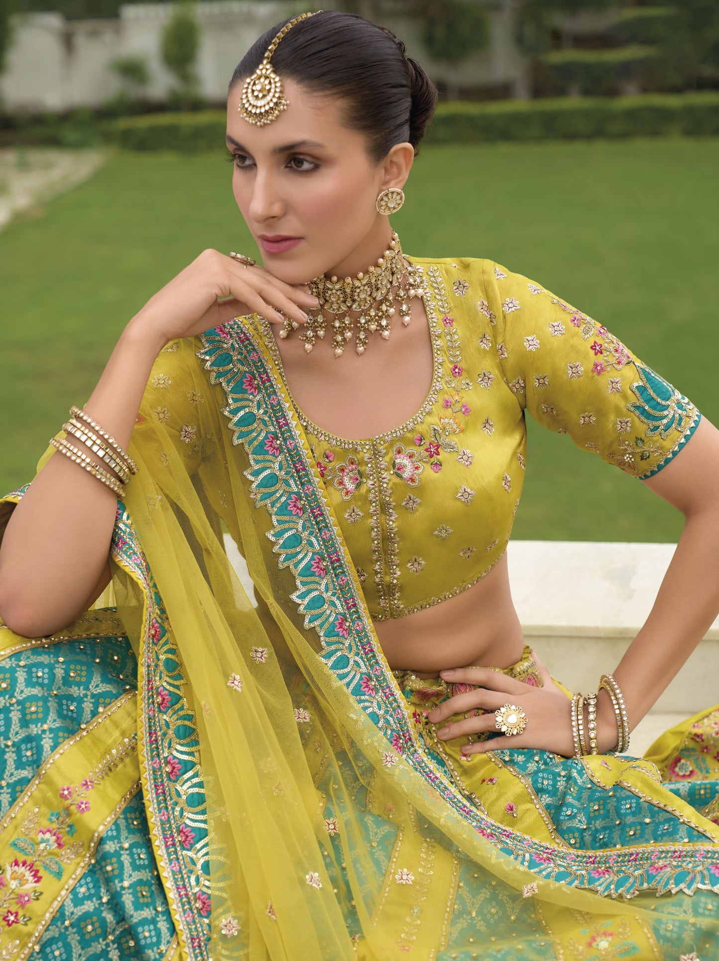 Yellow and Green Khatli and Sequence Embroidery Silk Bridal Lehenga