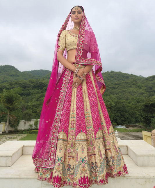 Pink and Beige Khatli and Sequence Embroidery Silk Bridal Lehenga