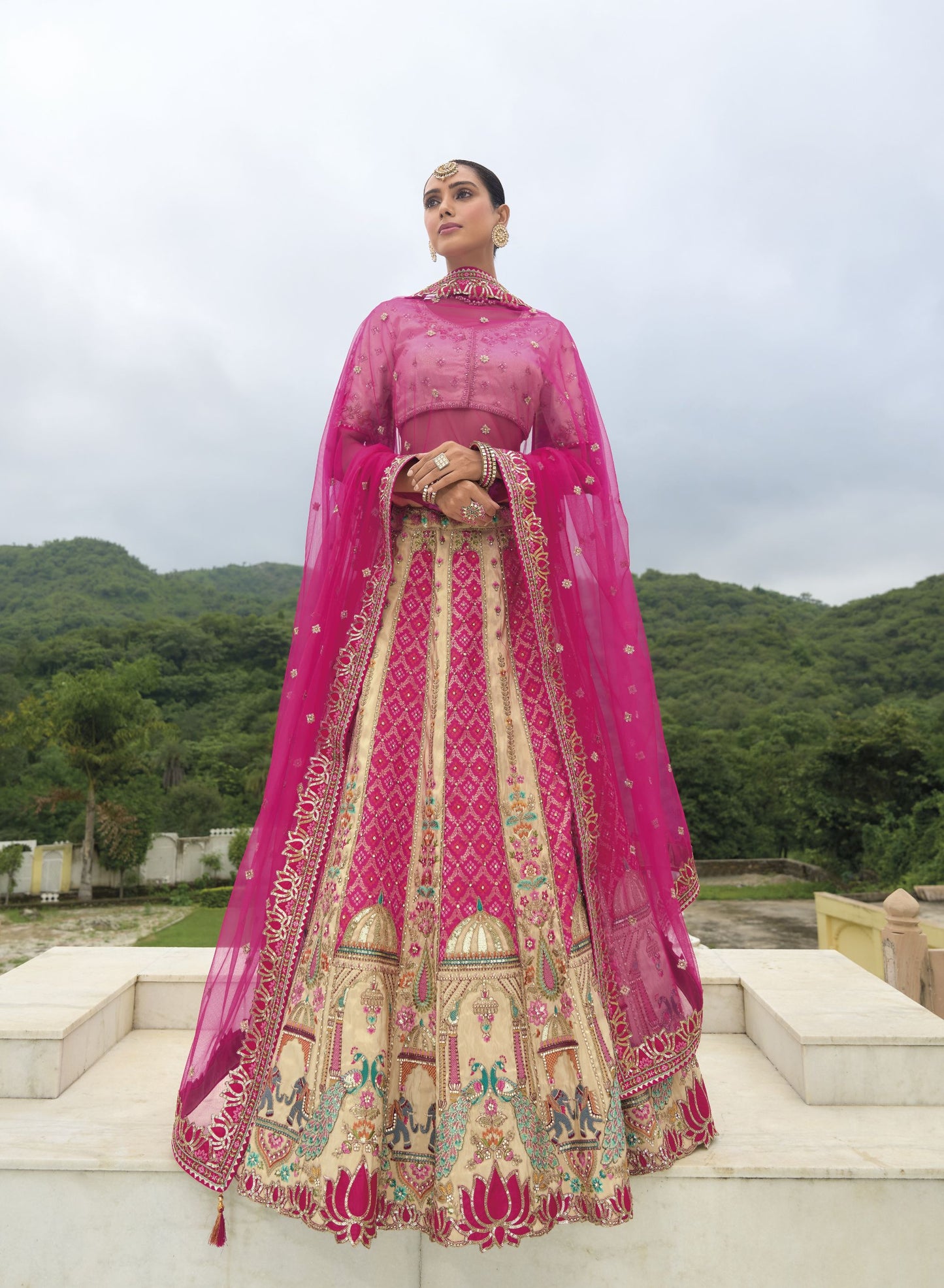 Pink and Beige Khatli and Sequence Embroidery Silk Bridal Lehenga