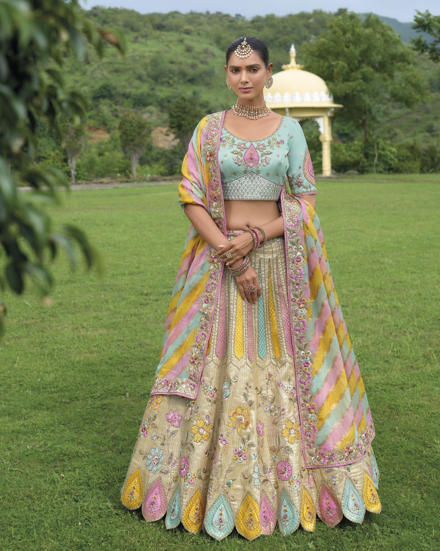 Green and Beige Khatli and Sequence Embroidery Silk Bridal Lehenga