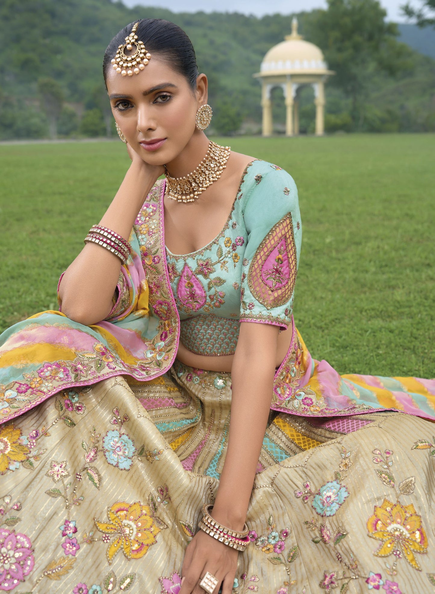 Green and Beige Khatli and Sequence Embroidery Silk Bridal Lehenga