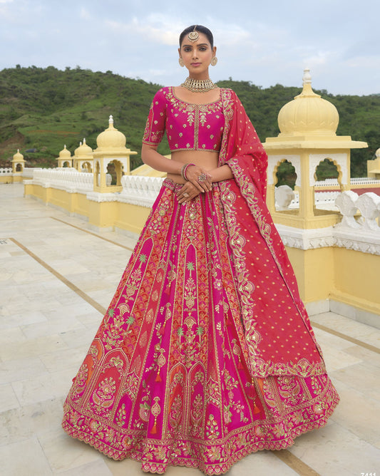 Red and Rani Pink Khatli and Sequence Embroidery Silk Bridal Lehenga