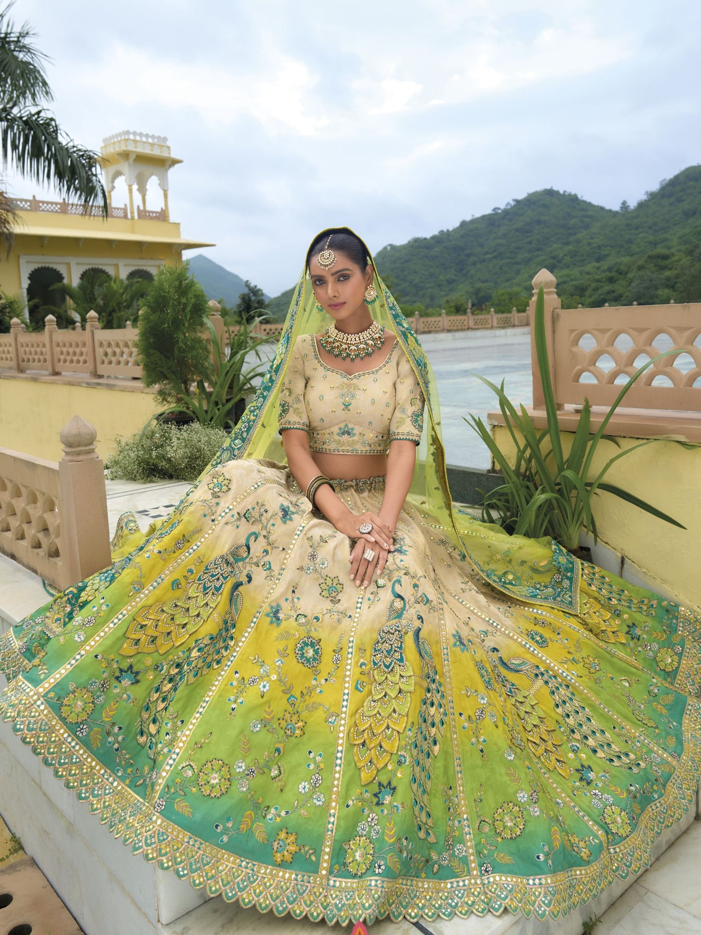 Beige and Sea Green Khatli and Sequence Embroidery Silk Bridal Lehenga