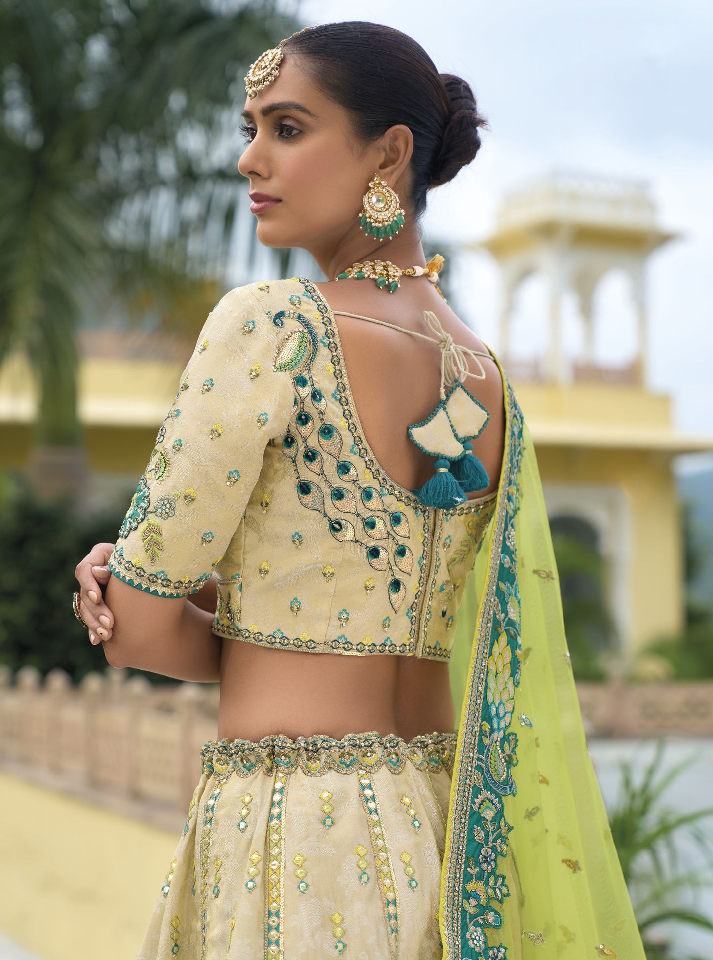 Beige and Sea Green Khatli and Sequence Embroidery Silk Bridal Lehenga