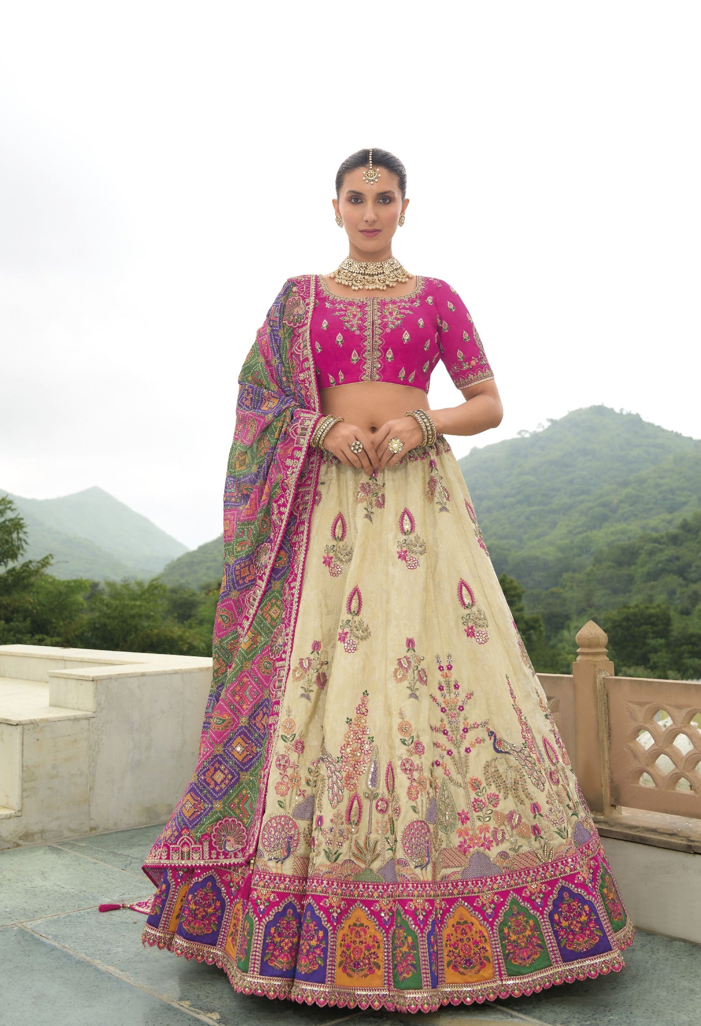 Rani Pink and Beige Khatli and Sequence Embroidery Silk Bridal Lehenga