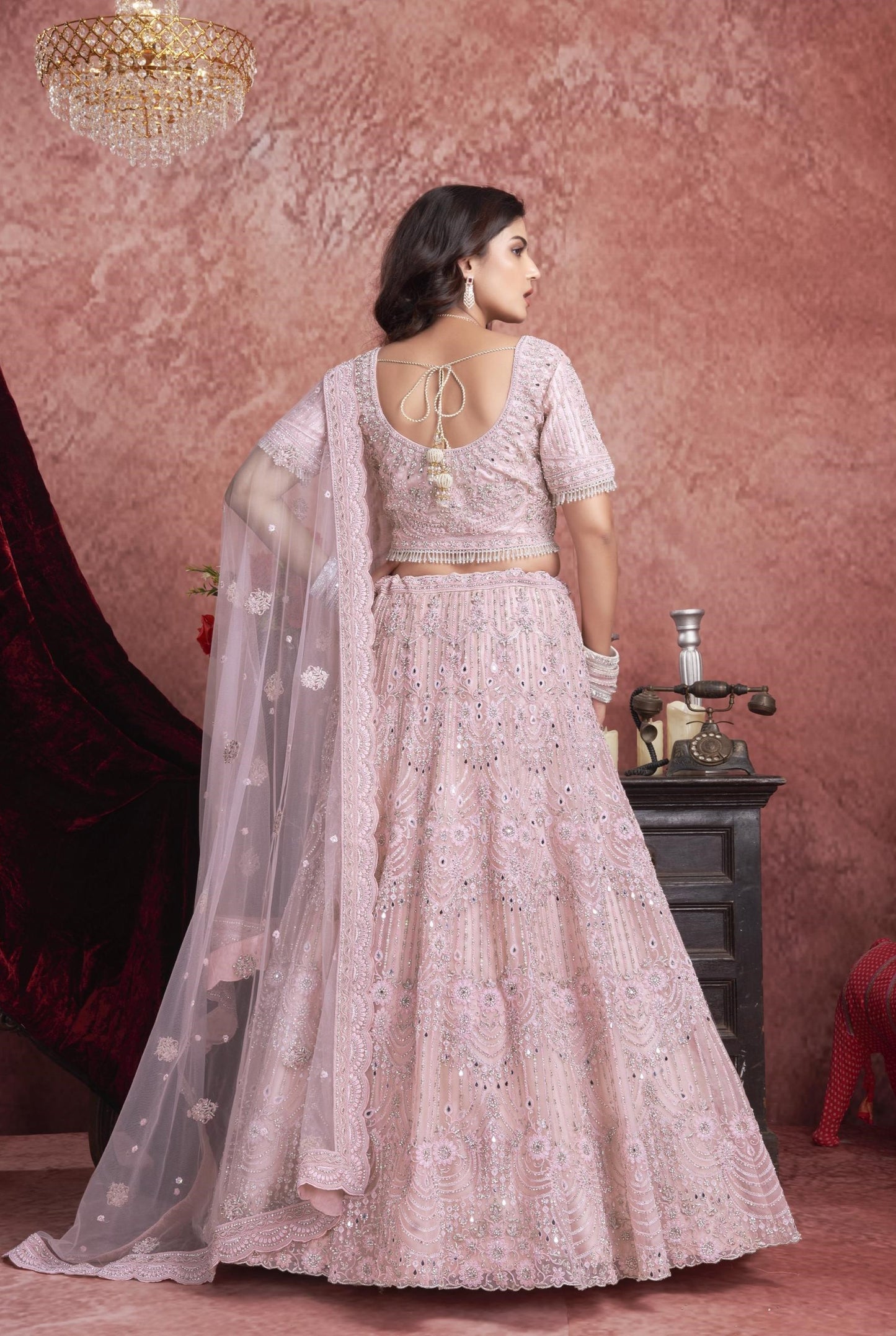 Pink Zarkan & Mirror Embroidery Net Bridal Lehenga