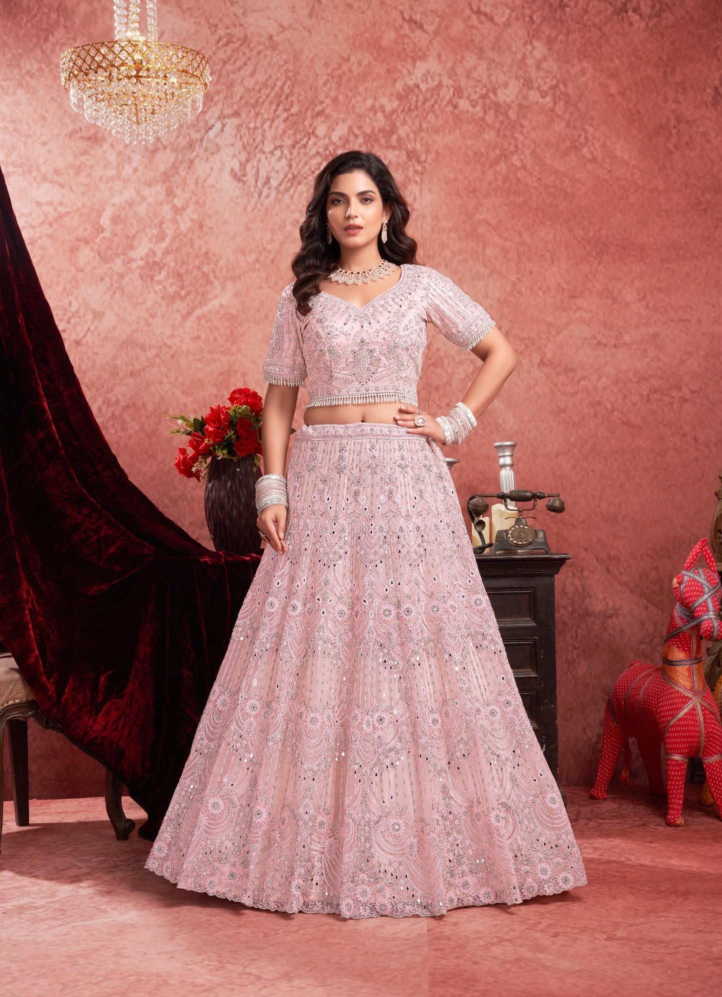 Pink Zarkan & Mirror Embroidery Net Bridal Lehenga