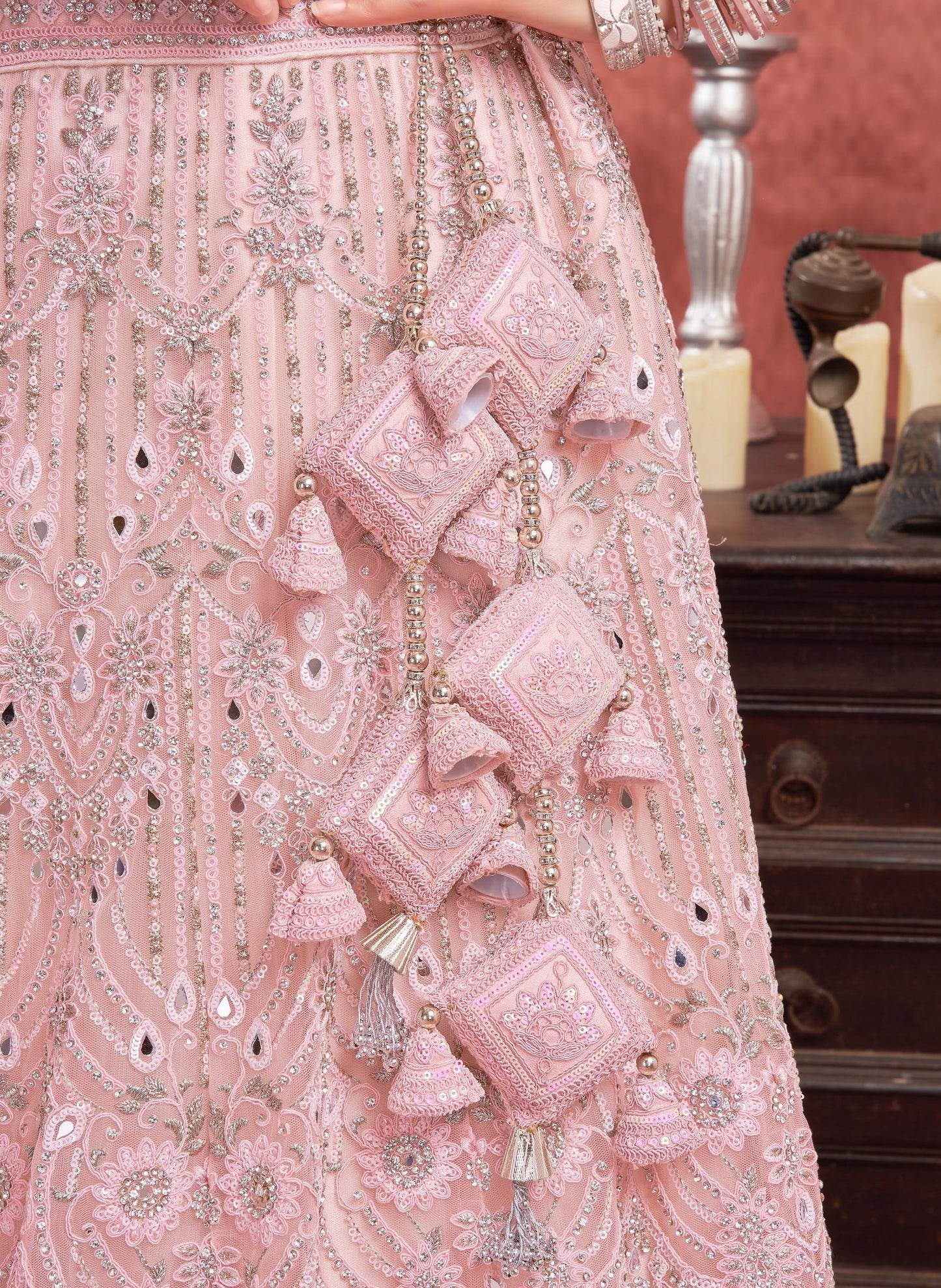 Pink Zarkan & Mirror Embroidery Net Bridal Lehenga