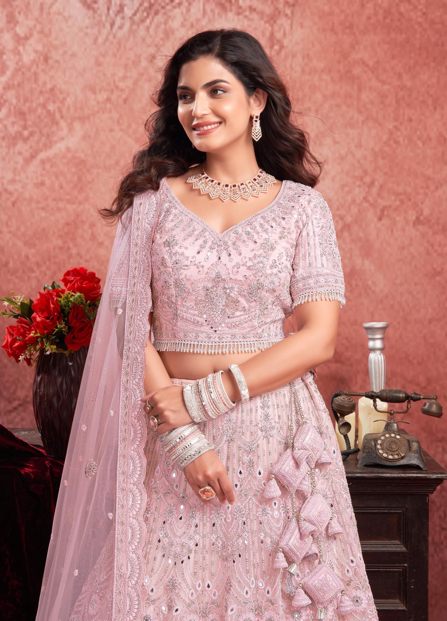 Pink Zarkan & Mirror Embroidery Net Bridal Lehenga