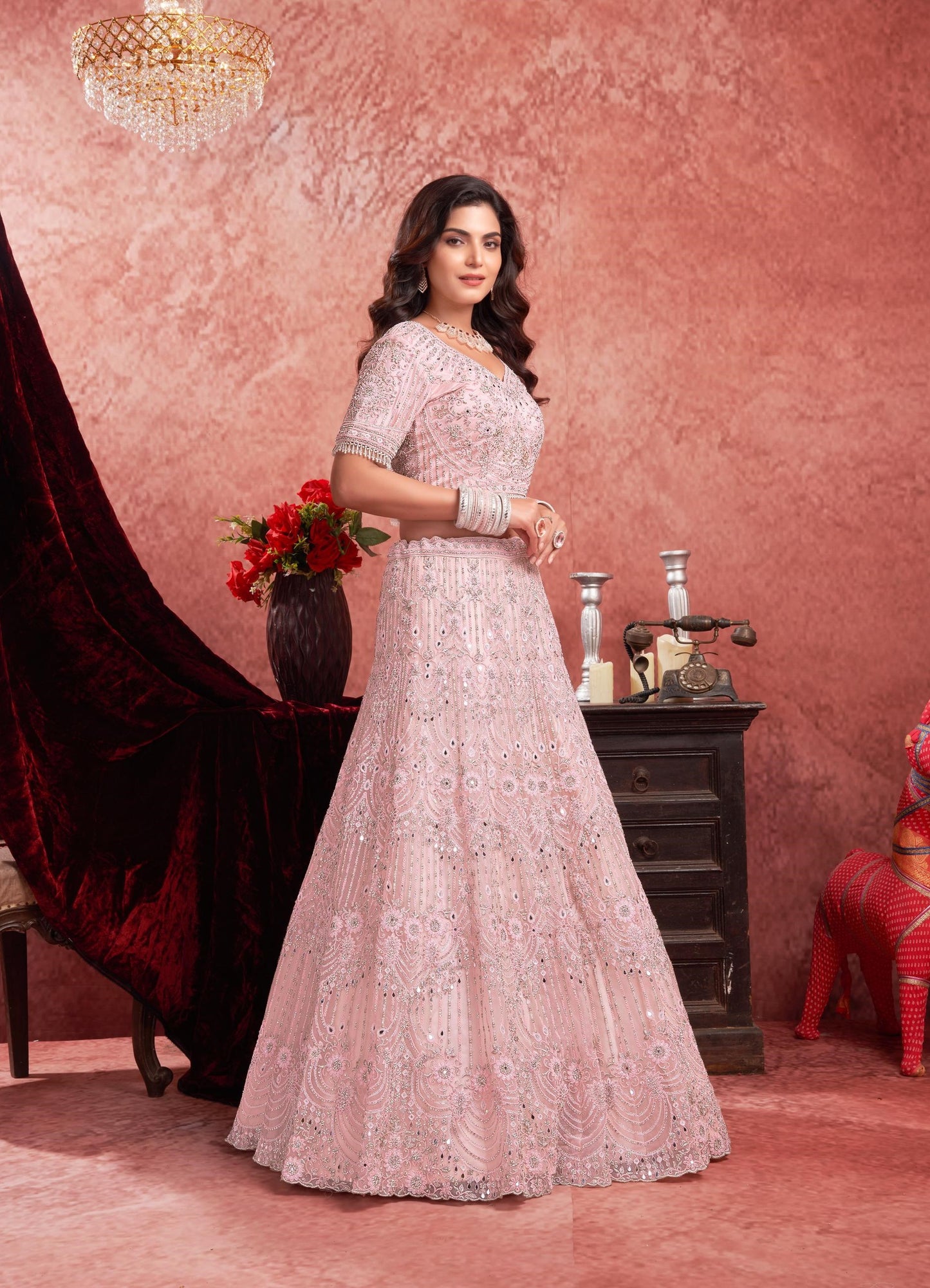 Pink Zarkan & Mirror Embroidery Net Bridal Lehenga