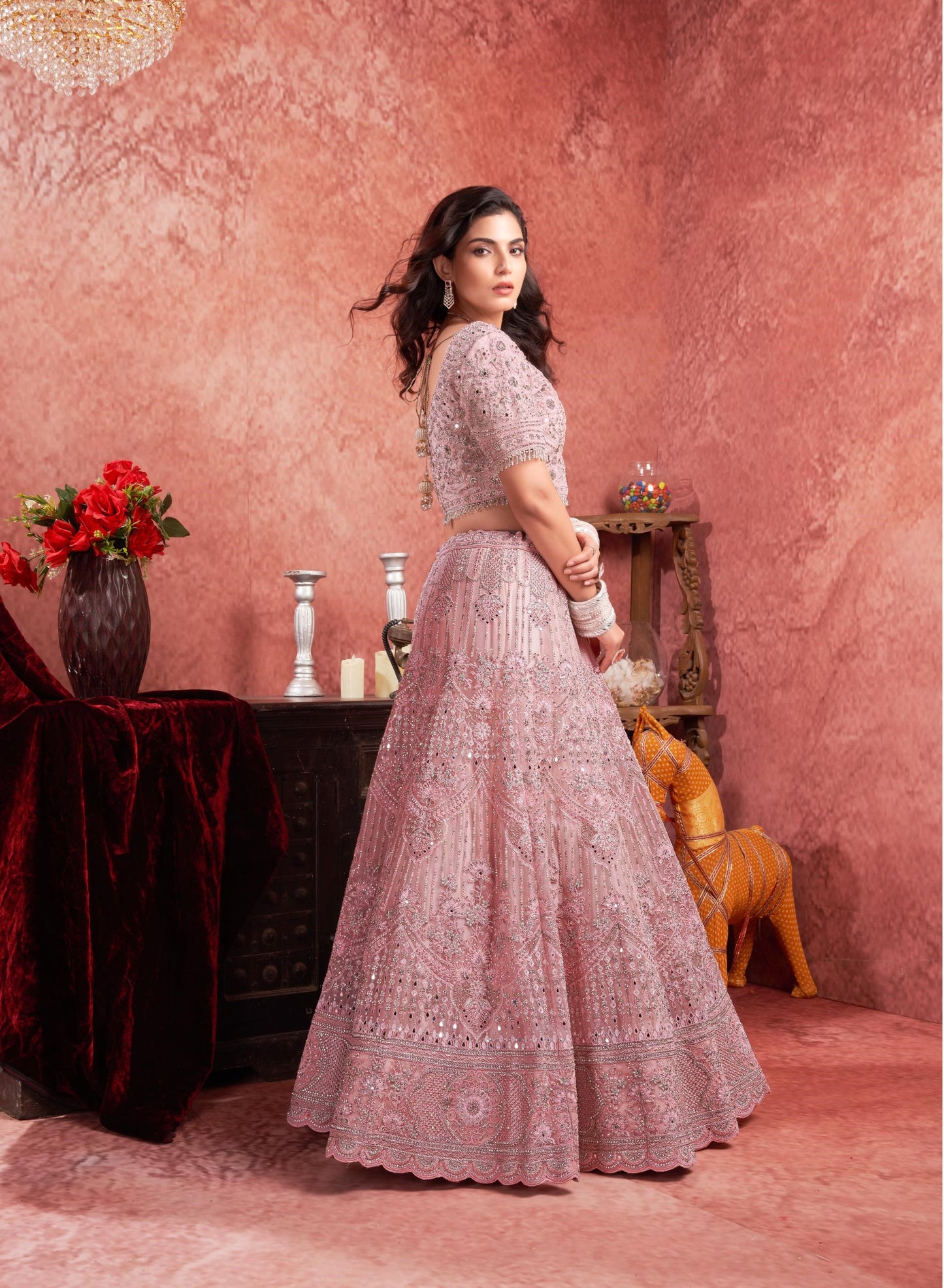 Baby Pink Zarkan & Mirror Embroidery Net Bridal Lehenga