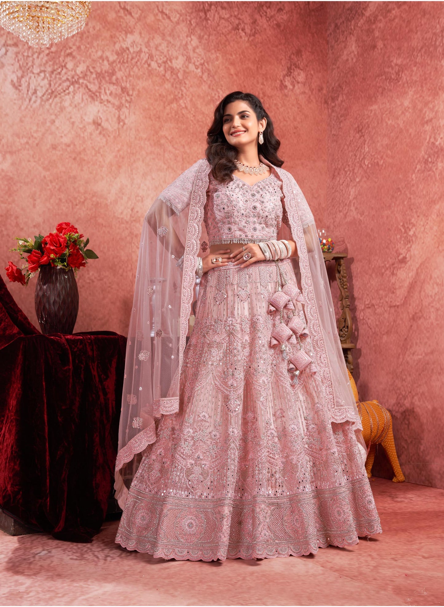 Baby Pink Zarkan & Mirror Embroidery Net Bridal Lehenga