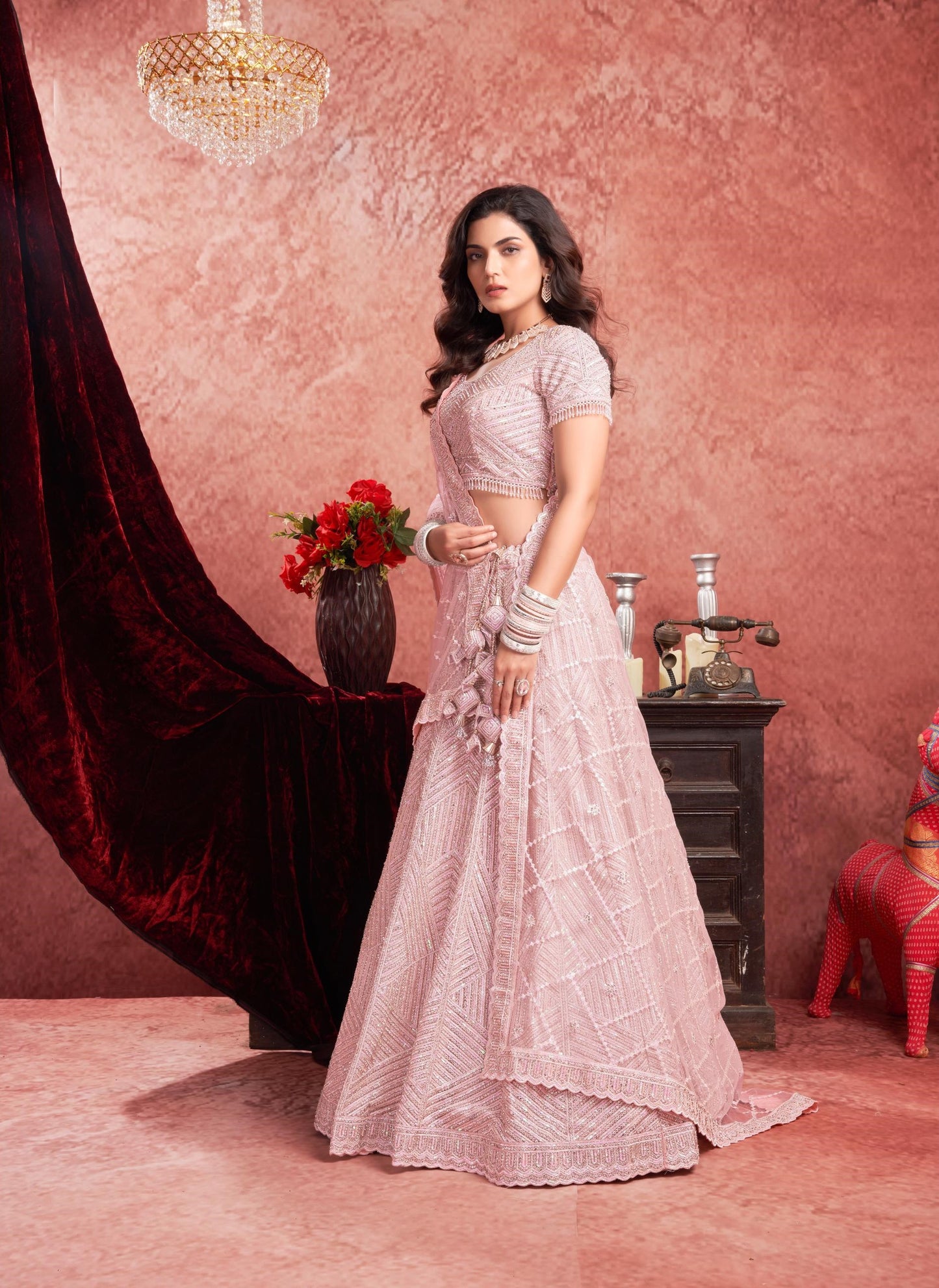 Pink Color  Mirror & Zarkan Embroidery Net Bridal Lehenga