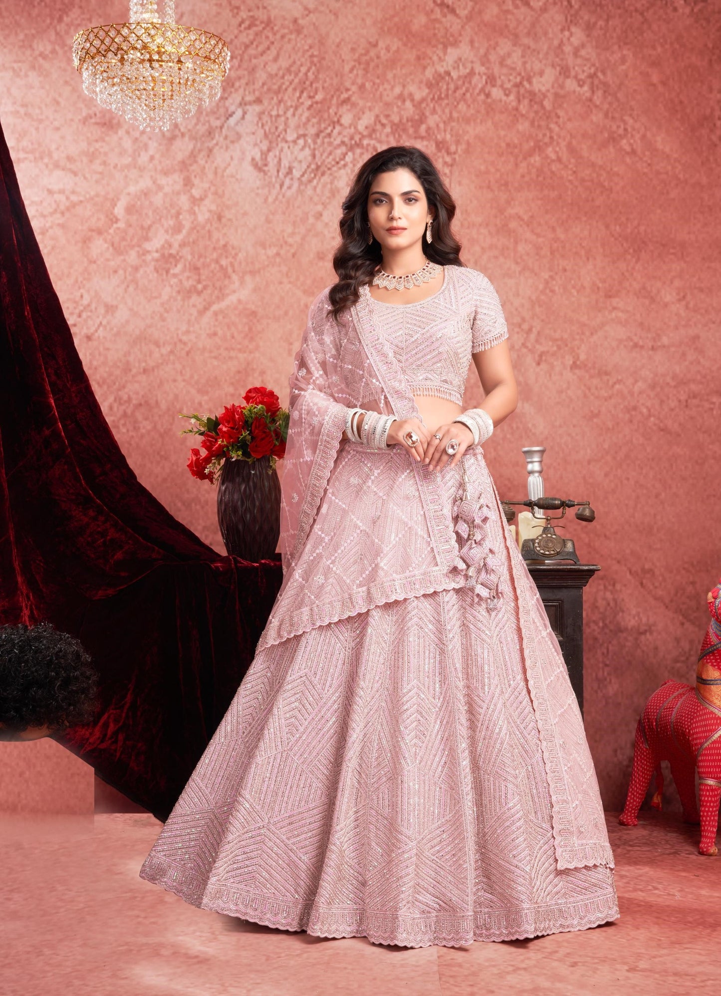 Pink Color  Mirror & Zarkan Embroidery Net Bridal Lehenga