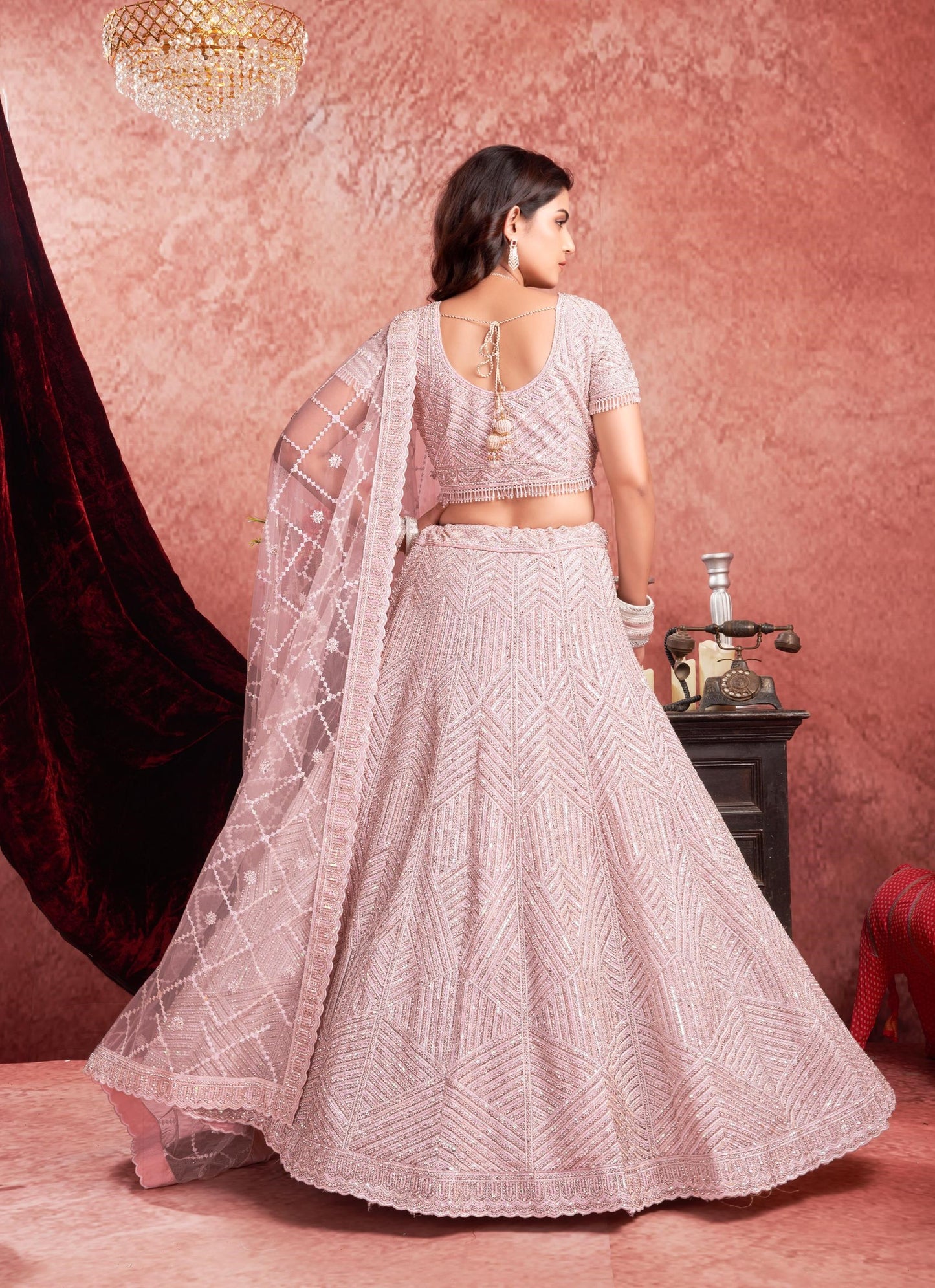 Pink Color  Mirror & Zarkan Embroidery Net Bridal Lehenga