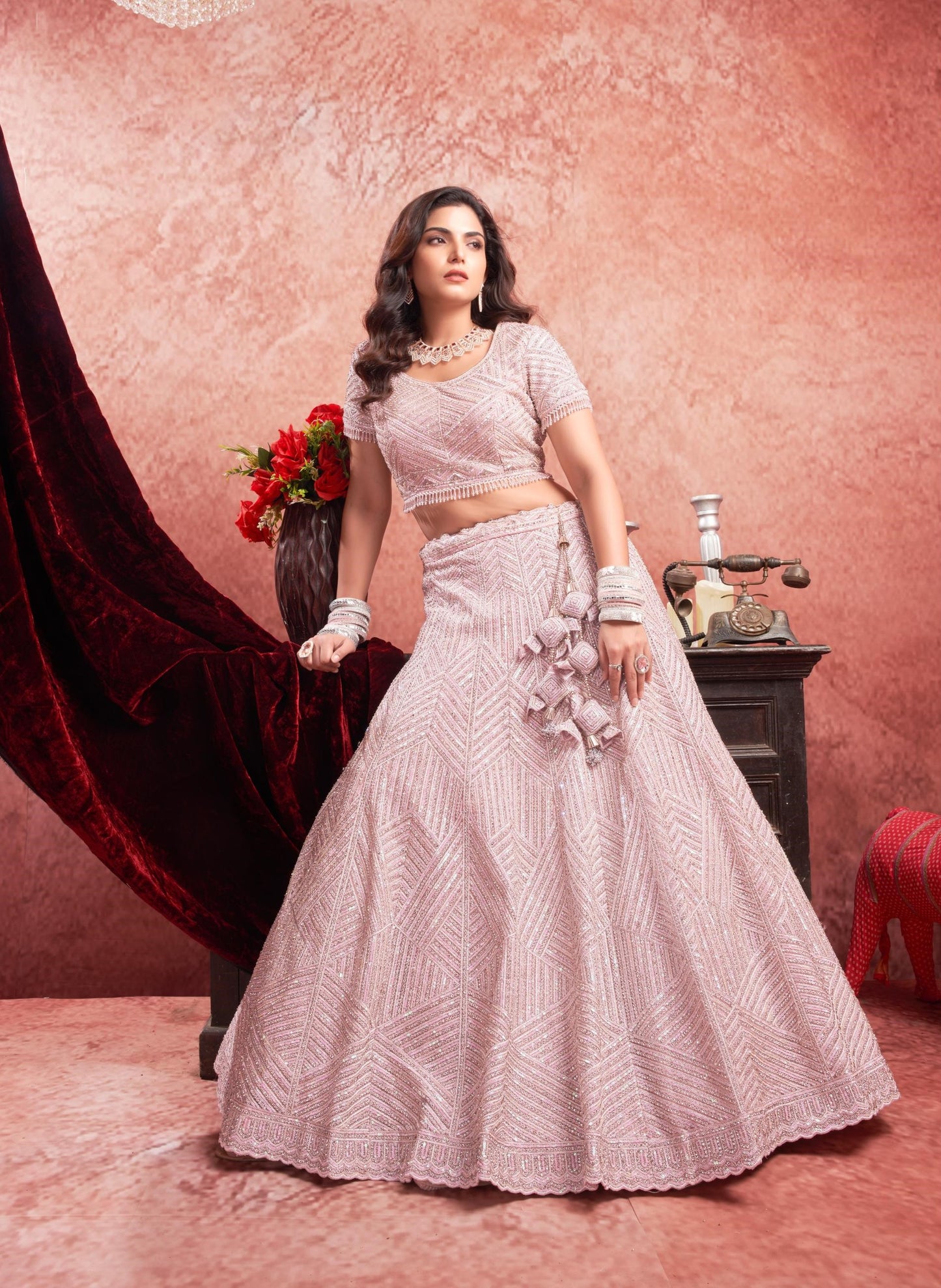 Pink Color  Mirror & Zarkan Embroidery Net Bridal Lehenga