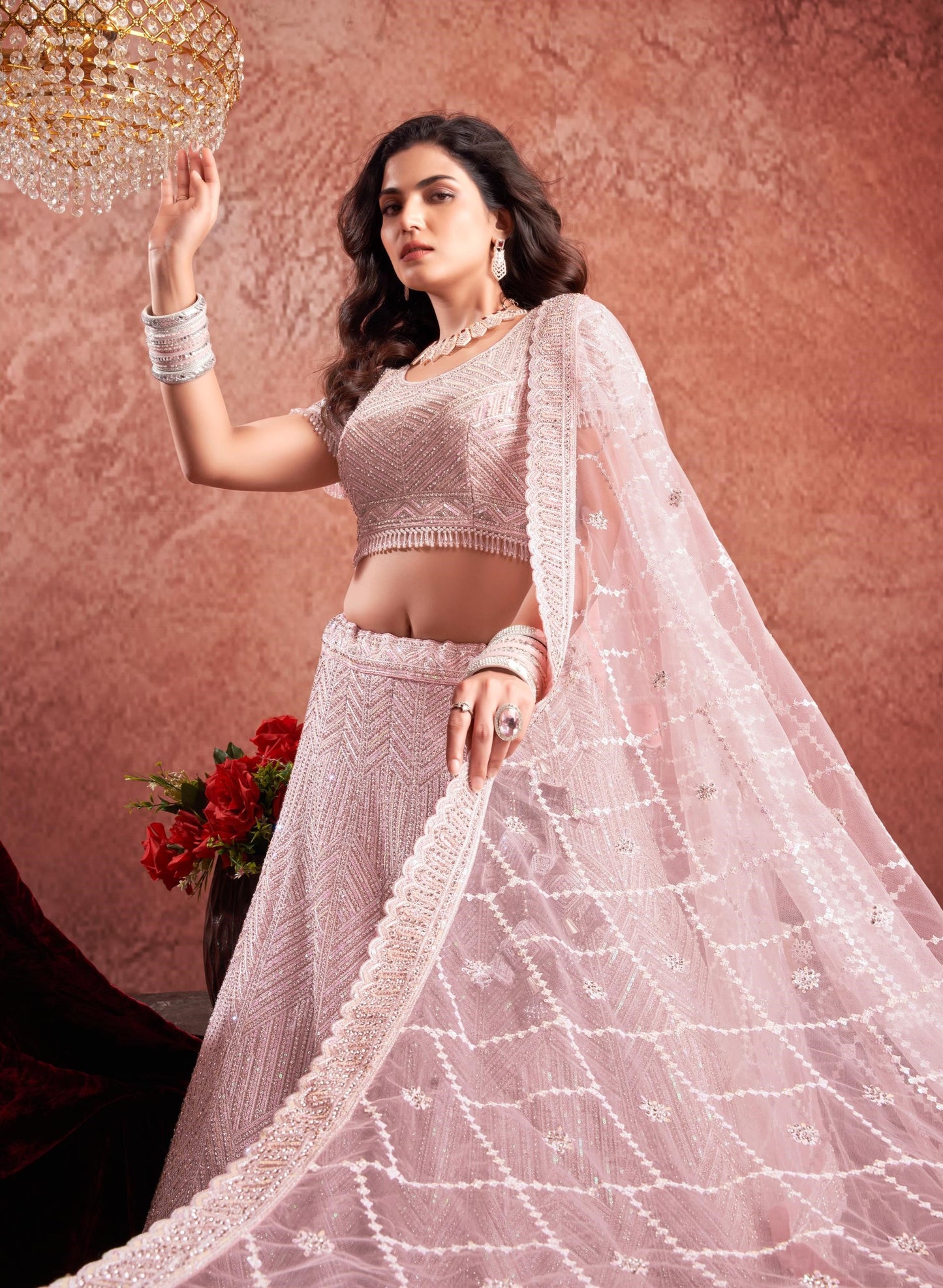 Pink Color  Mirror & Zarkan Embroidery Net Bridal Lehenga