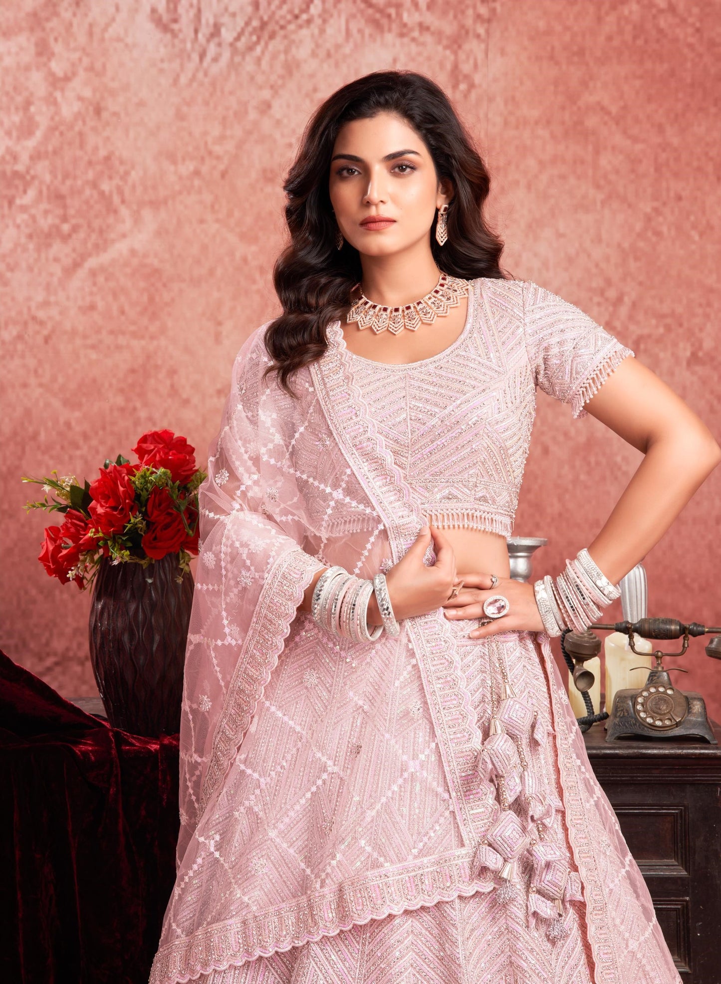 Pink Color  Mirror & Zarkan Embroidery Net Bridal Lehenga