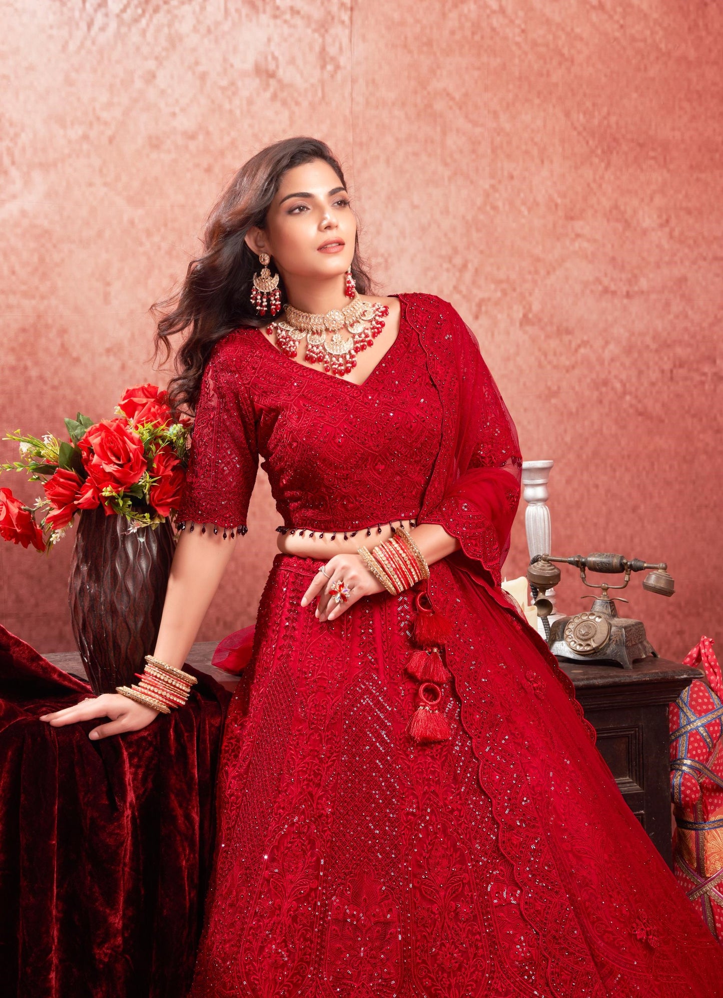 Red Zarkan & Mirror Embroidery Net Bridal Lehenga