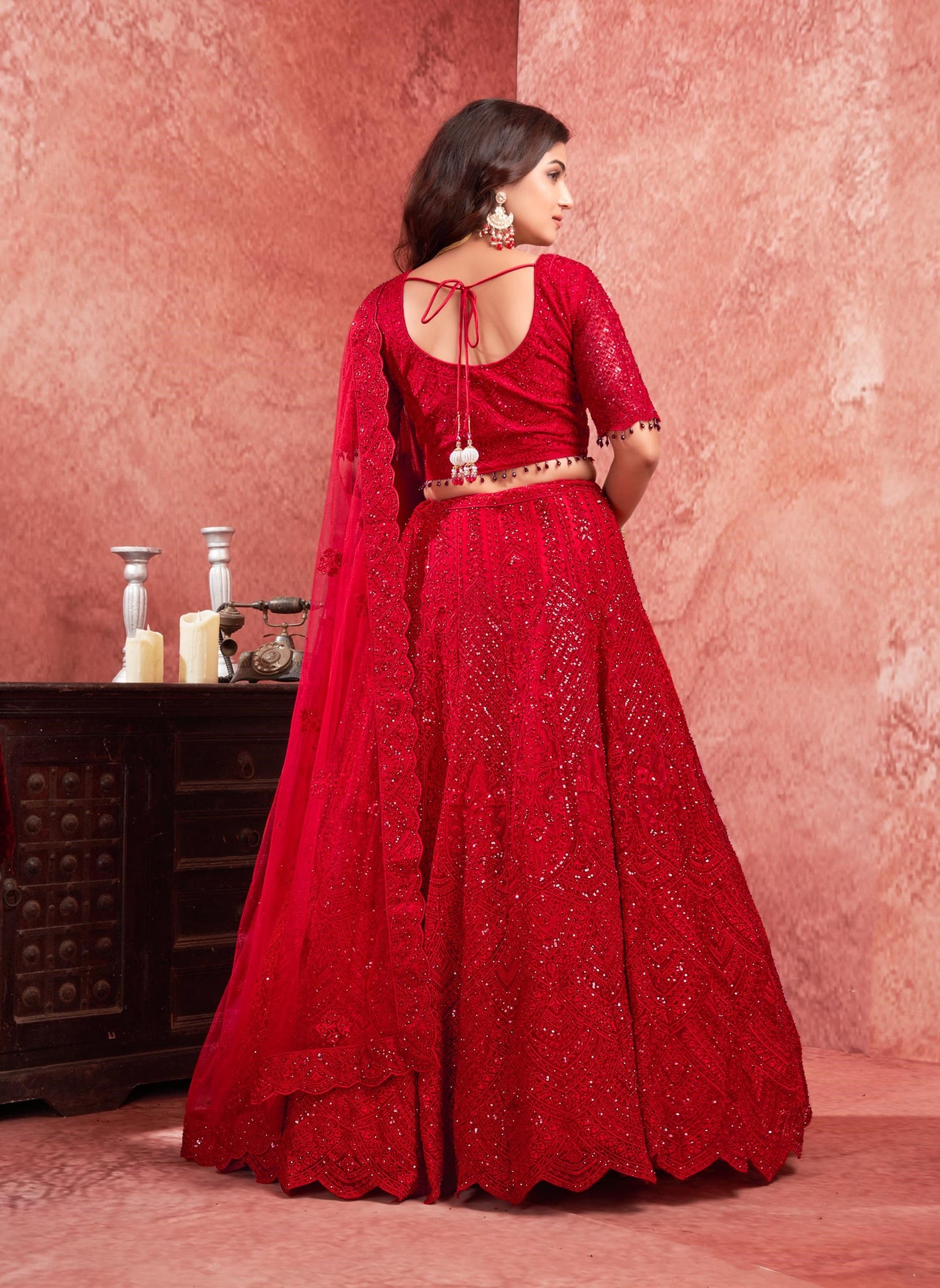 Red Zarkan & Mirror Embroidery Net Bridal Lehenga