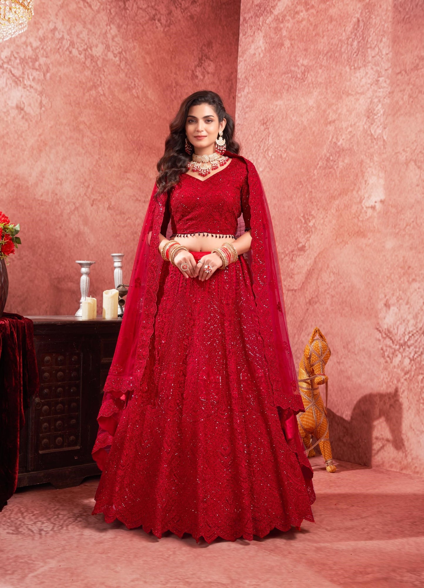 Red Zarkan & Mirror Embroidery Net Bridal Lehenga