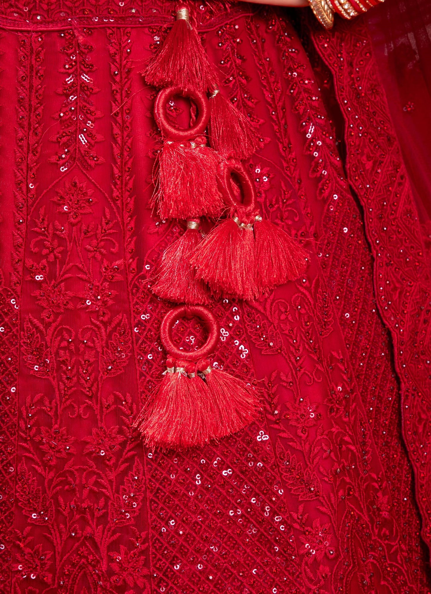 Red Zarkan & Mirror Embroidery Net Bridal Lehenga