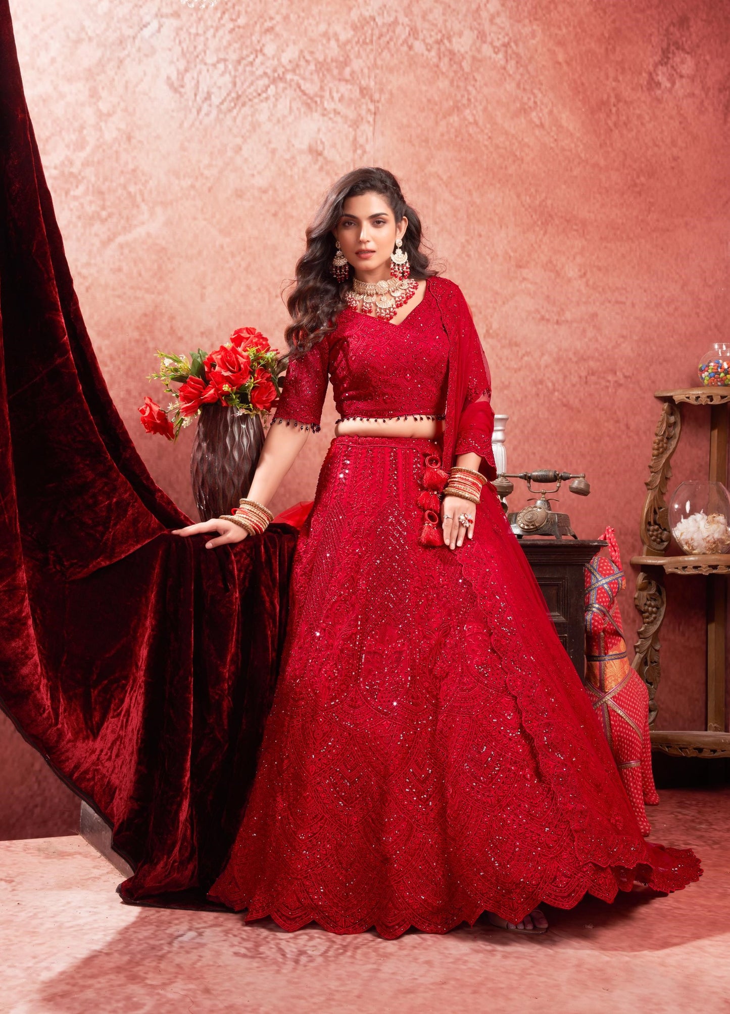 Red Zarkan & Mirror Embroidery Net Bridal Lehenga