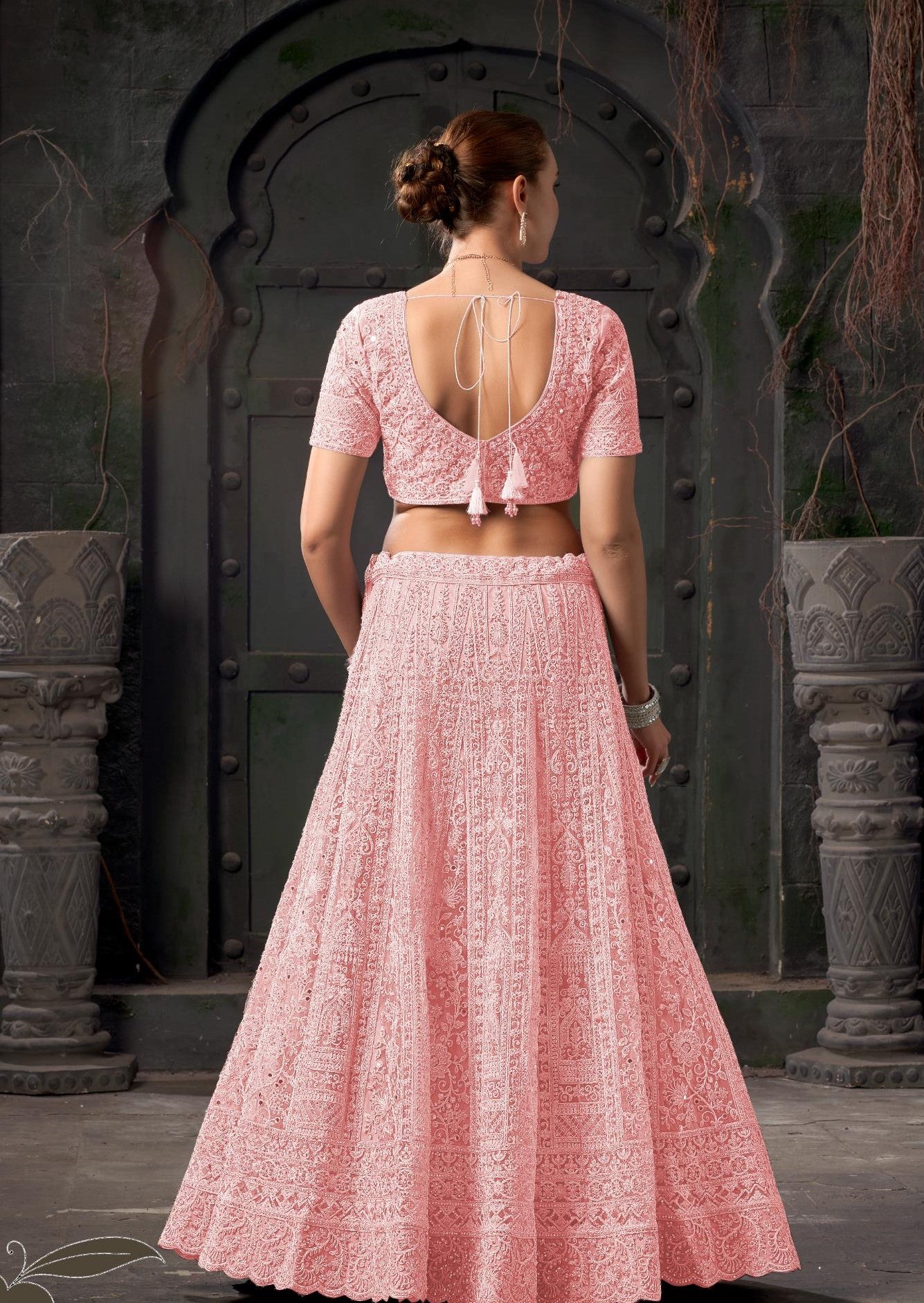 Light Pink Zarkan Embroidery Net Wedding Guest Lehenga