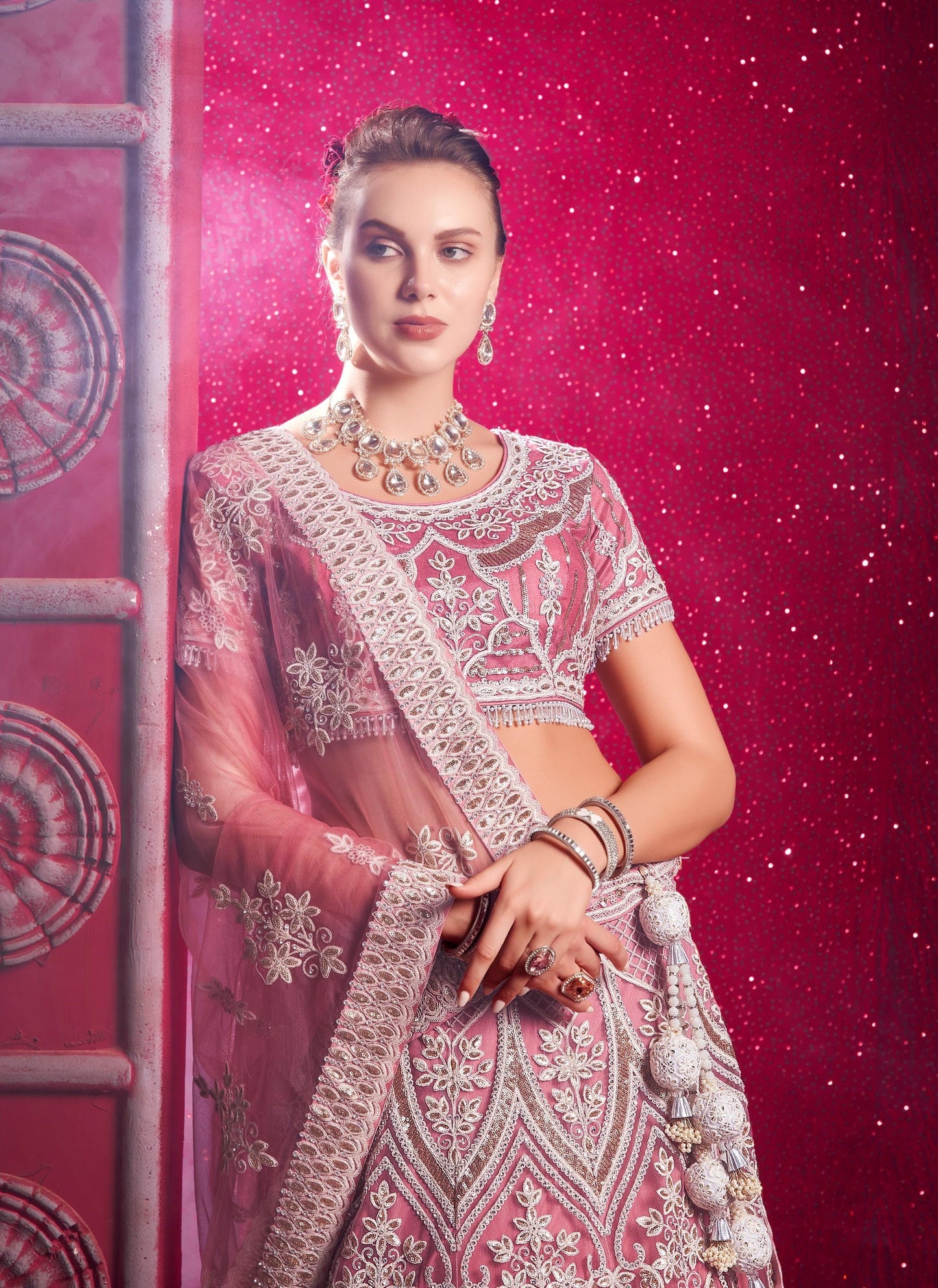 Pink Sequence Embroidery Net Sangeet Lehenga