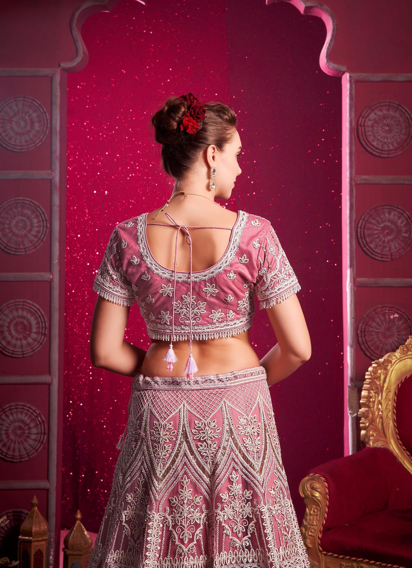 Pink Sequence Embroidery Net Sangeet Lehenga