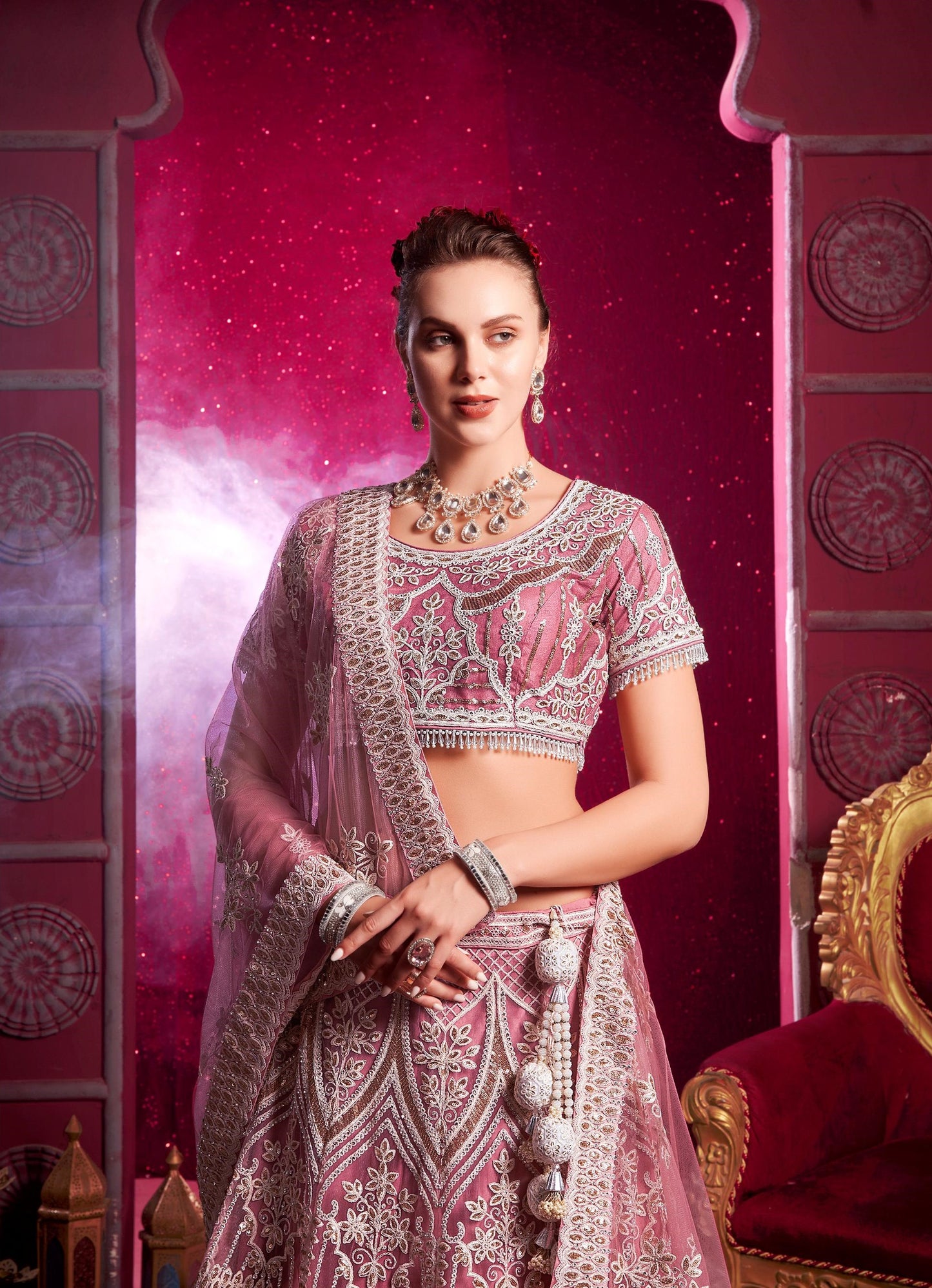 Pink Sequence Embroidery Net Sangeet Lehenga