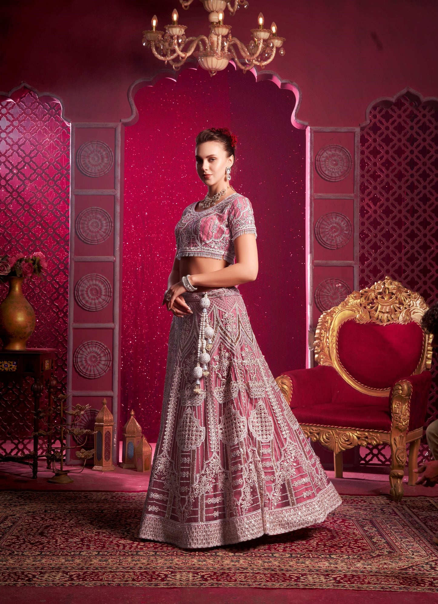 Pink Sequence Embroidery Net Sangeet Lehenga