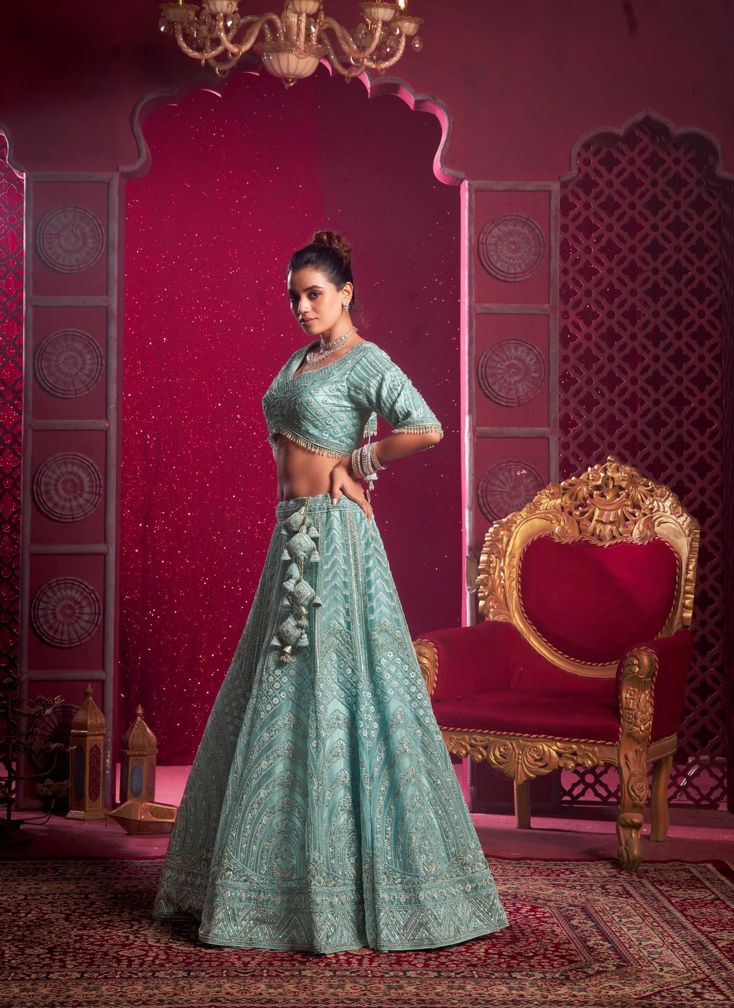 Sky Blue Sequence Embroidery Net Bridesmaid Lehenga