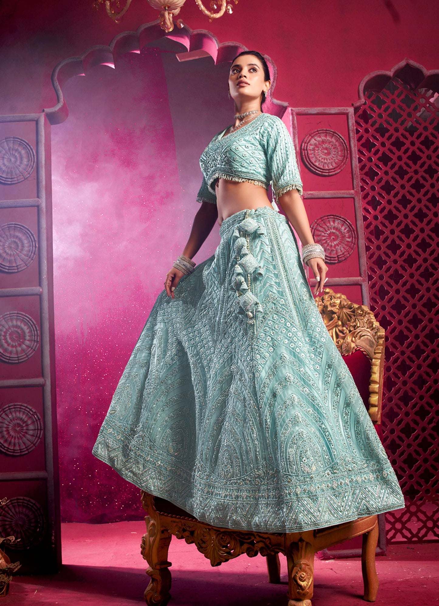 Sky Blue Sequence Embroidery Net Bridesmaid Lehenga