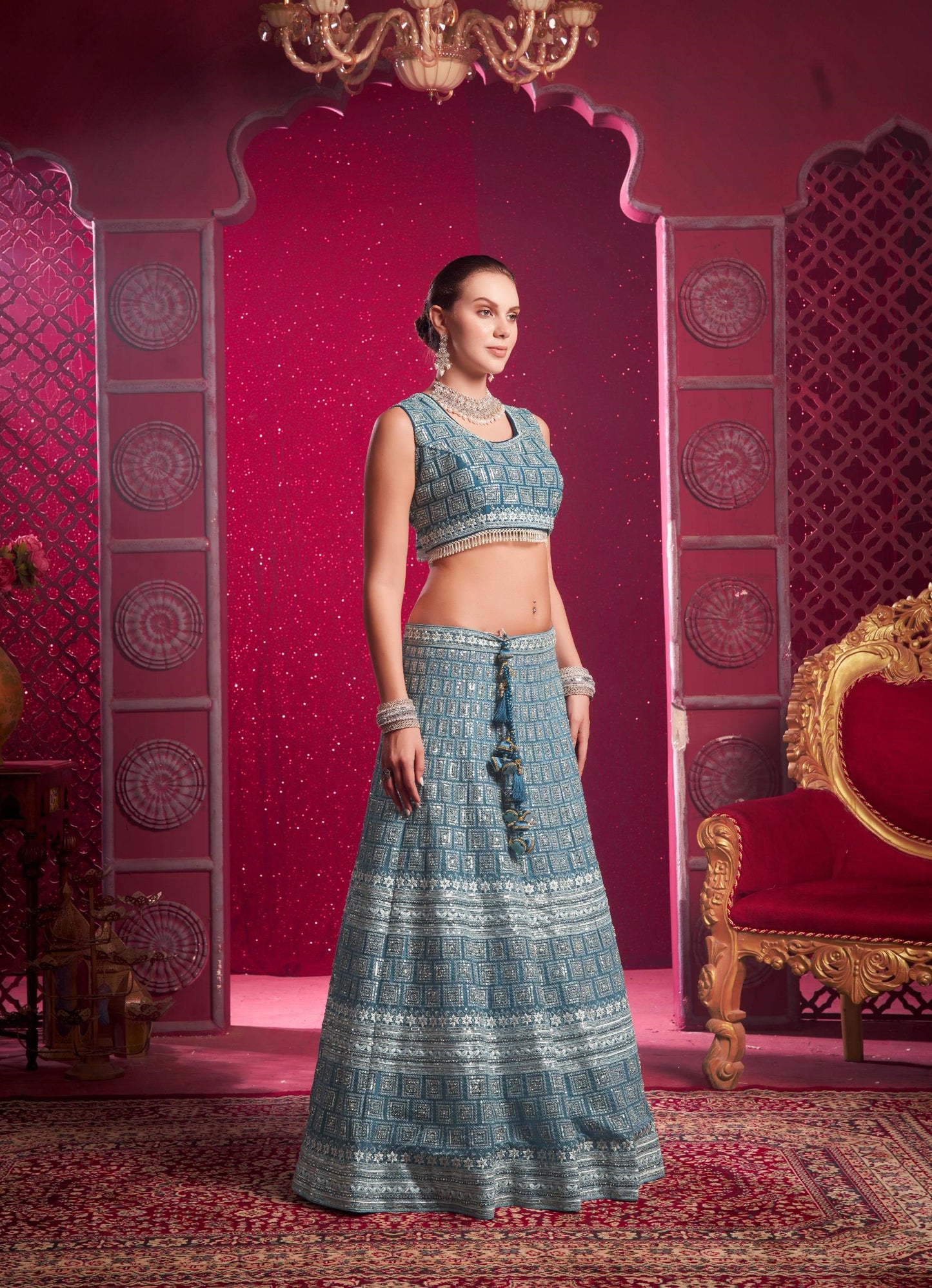 Blue Sequence Embroidery Net Party Wear Lehenga