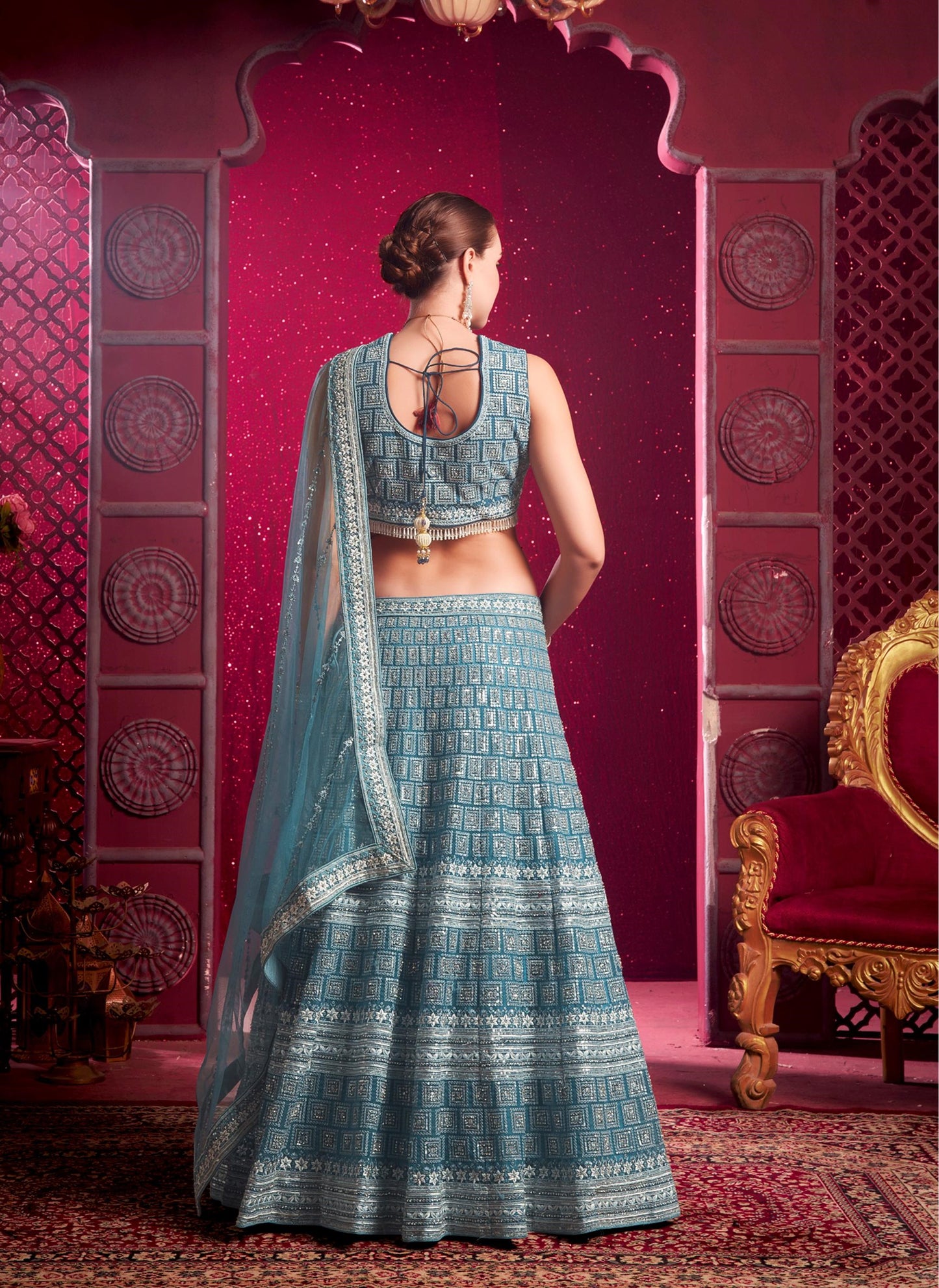 Blue Sequence Embroidery Net Party Wear Lehenga