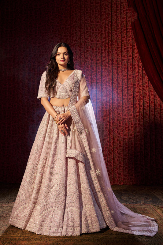 Lilac Silk Sequins & Thread, Zarkan Work Lehenga for Wedding