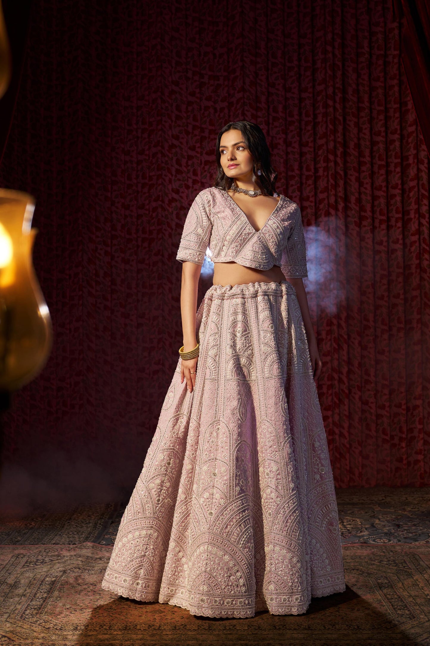 Lilac Silk Sequins & Thread, Zarkan Work Lehenga for Wedding