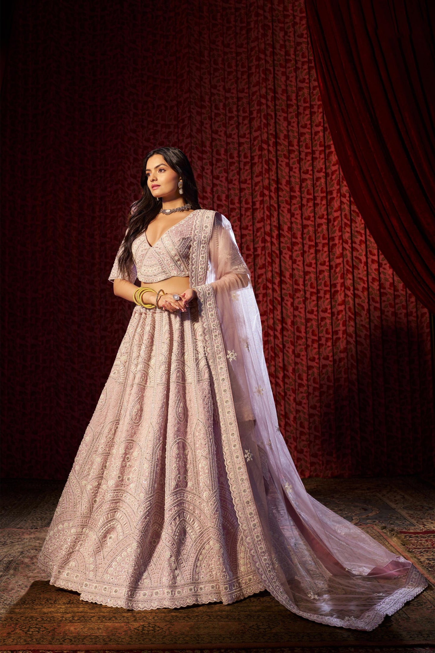 Lilac Silk Sequins & Thread, Zarkan Work Lehenga for Wedding