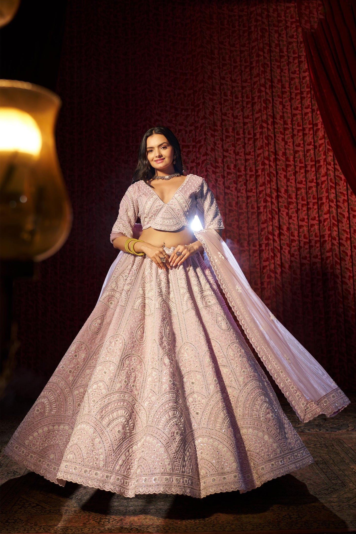 Lilac Silk Sequins & Thread, Zarkan Work Lehenga for Wedding