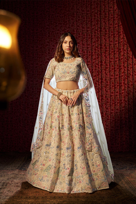 Off White Georgette Zari &  Dori Embroidered Reception Lehenga