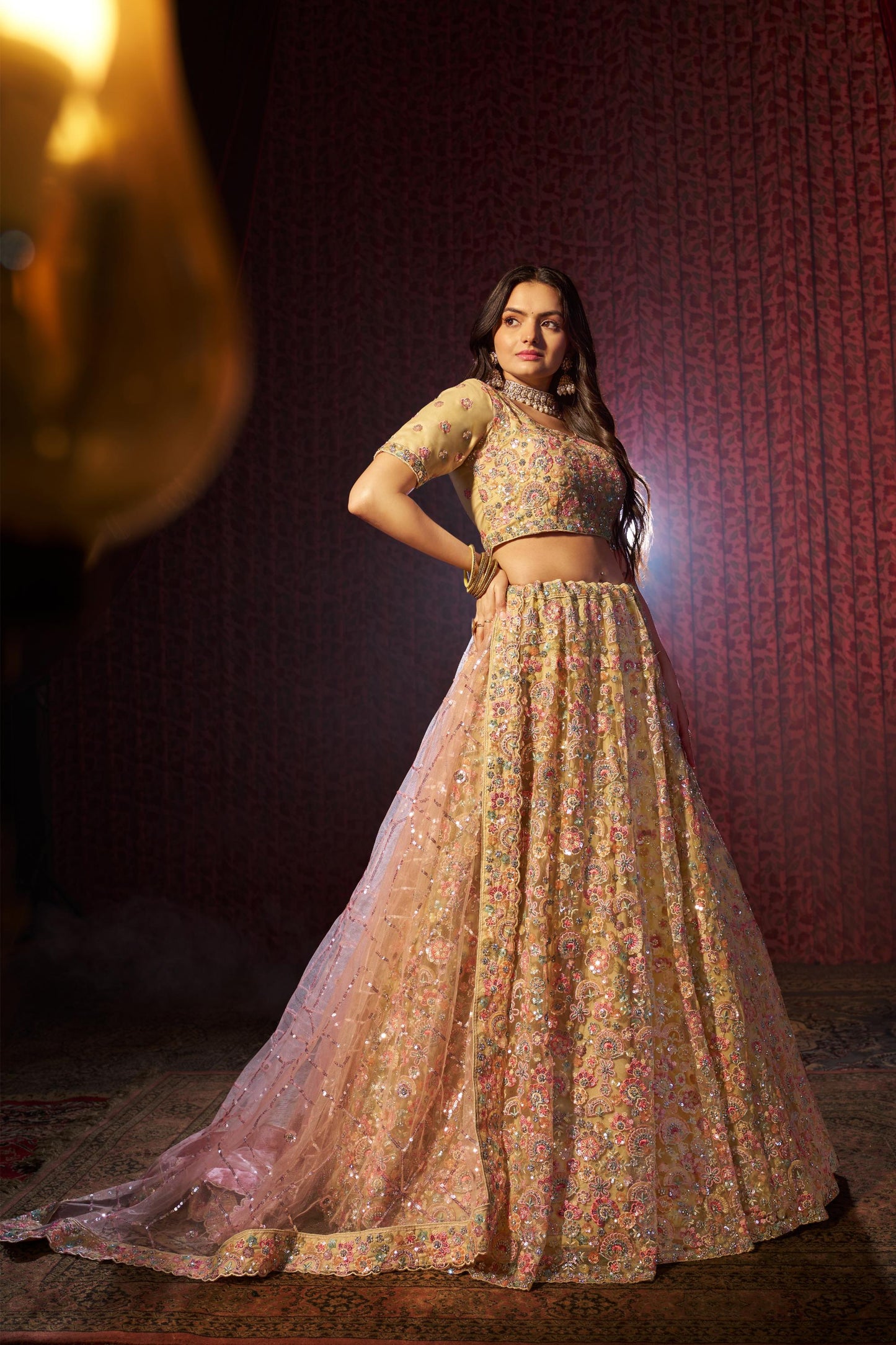 Beige Net Sequins &  Zarkan Embroidered Bridal Lehenga