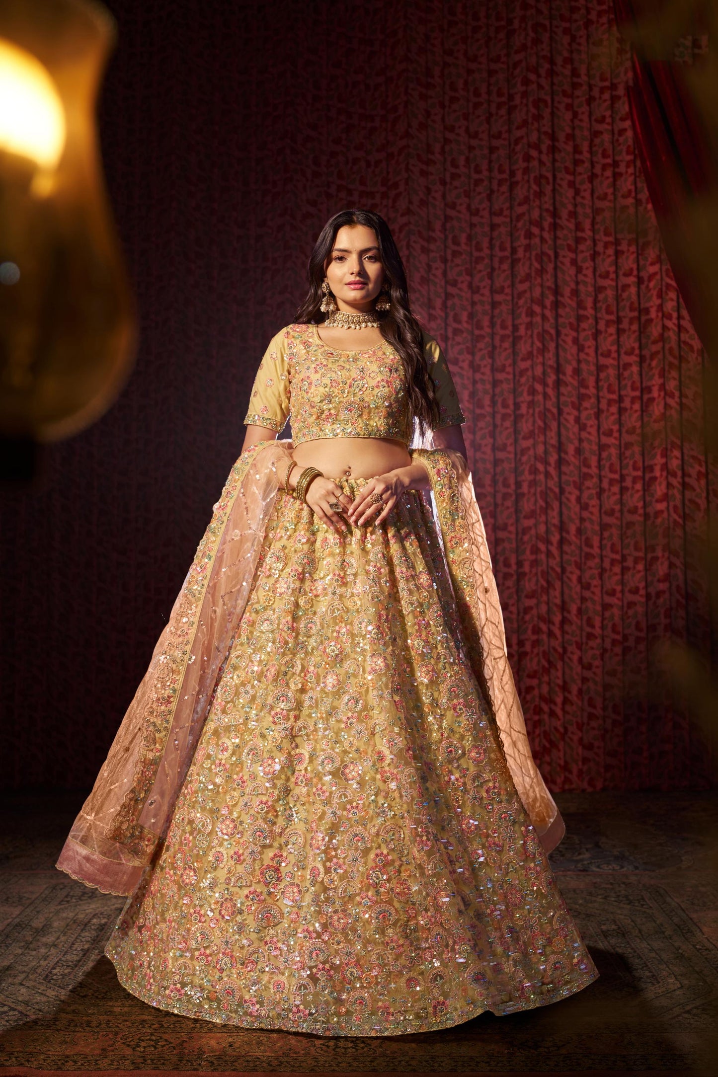 Beige Net Sequins &  Zarkan Embroidered Bridal Lehenga