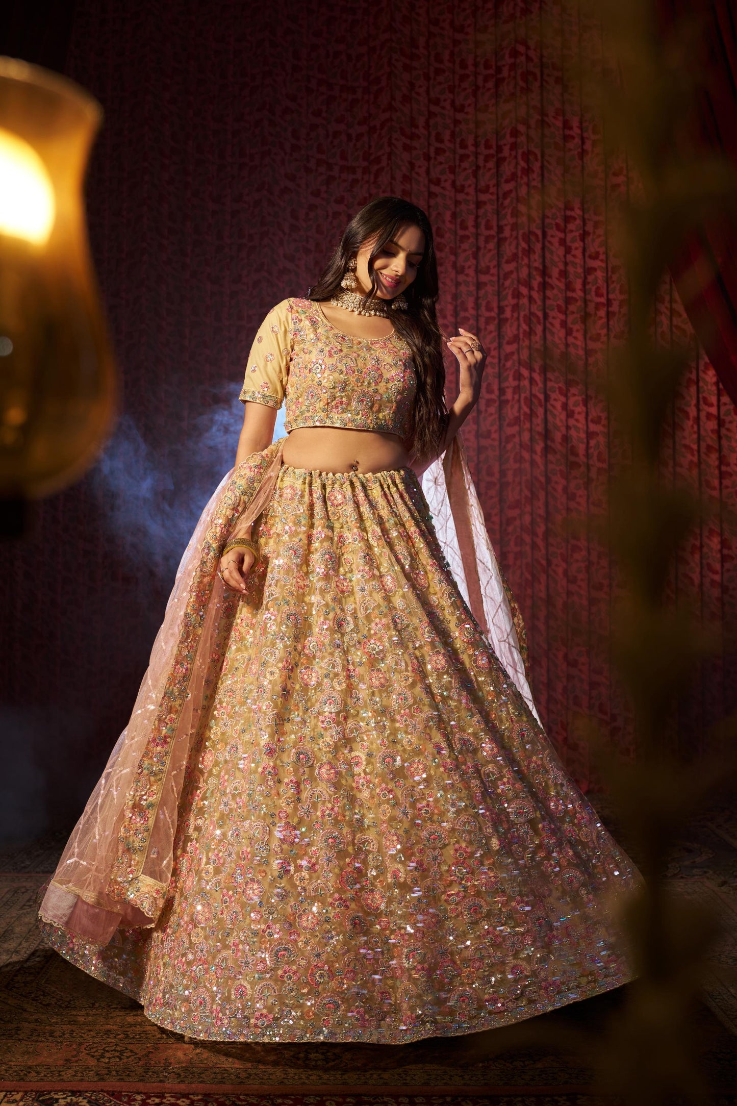 Beige Net Sequins &  Zarkan Embroidered Bridal Lehenga