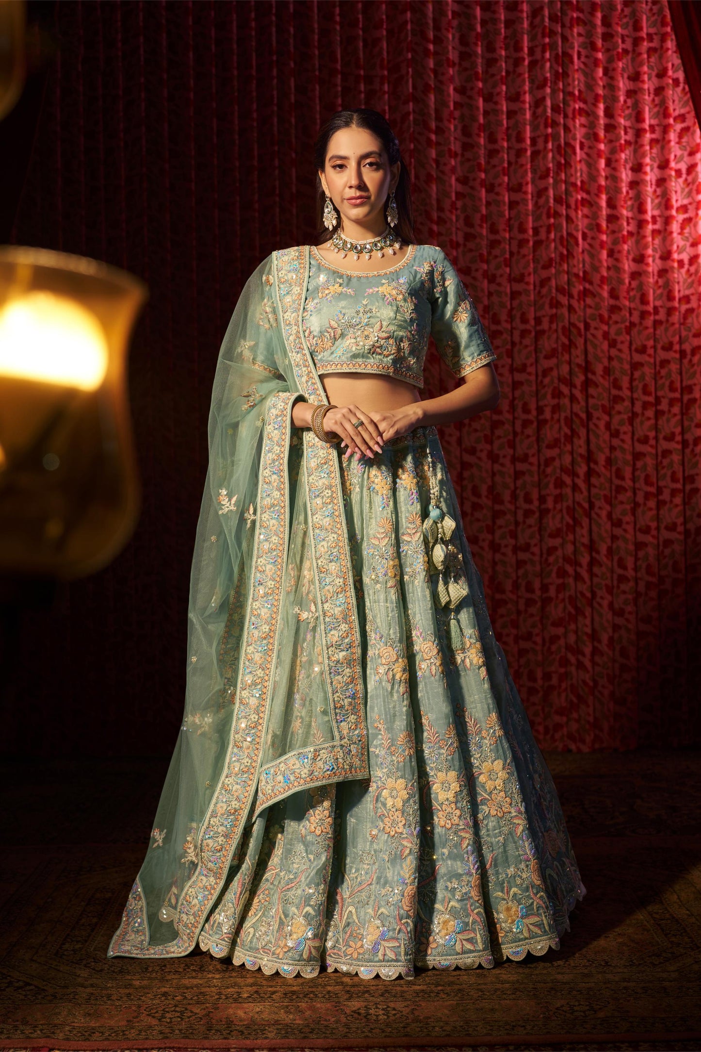 Turquoise Organza Zari &  Dori Embroidered Sangeet Lehenga