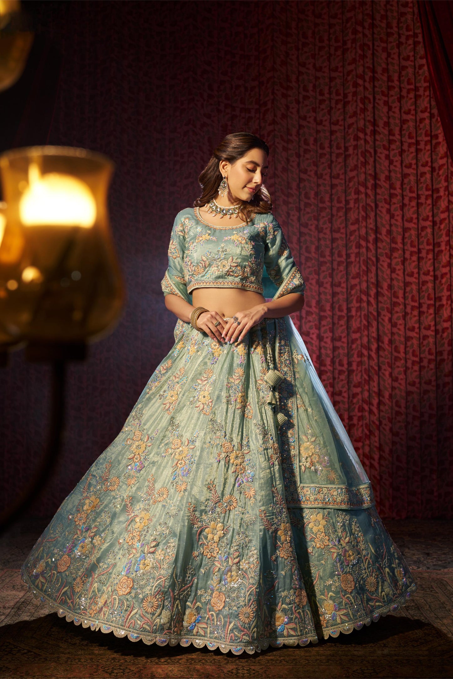 Turquoise Organza Zari &  Dori Embroidered Sangeet Lehenga