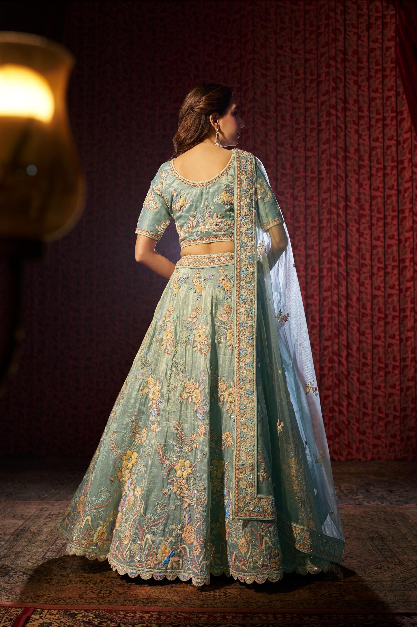 Turquoise Organza Zari &  Dori Embroidered Sangeet Lehenga