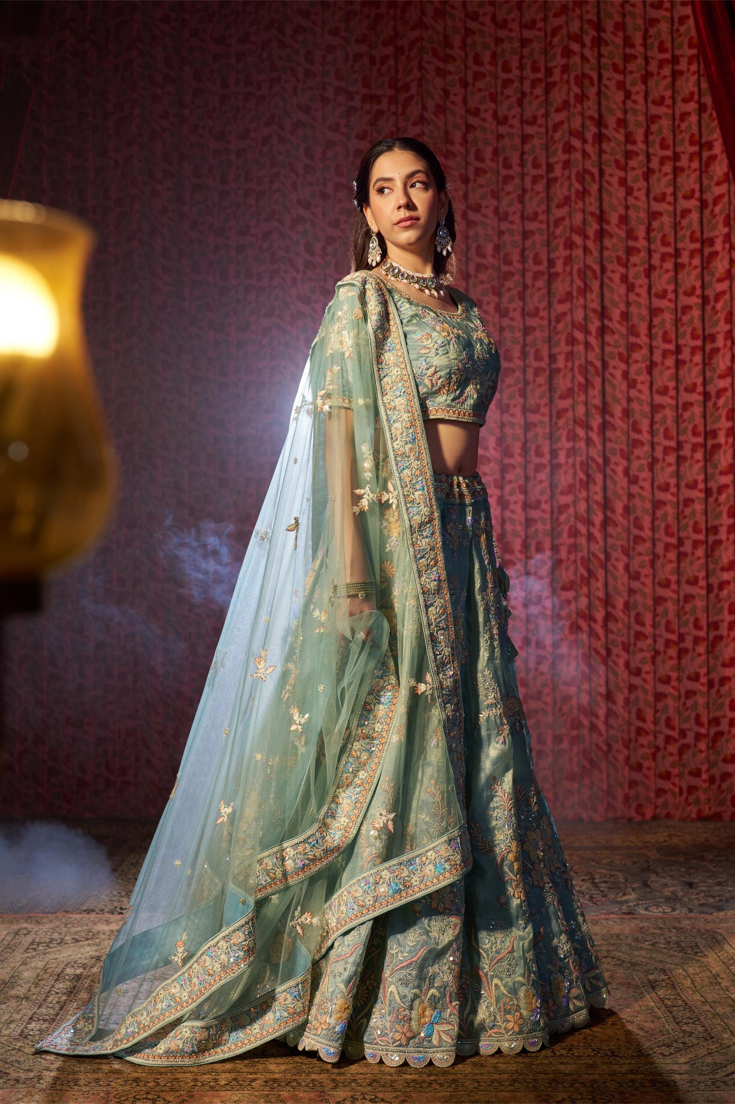 Turquoise Organza Zari &  Dori Embroidered Sangeet Lehenga