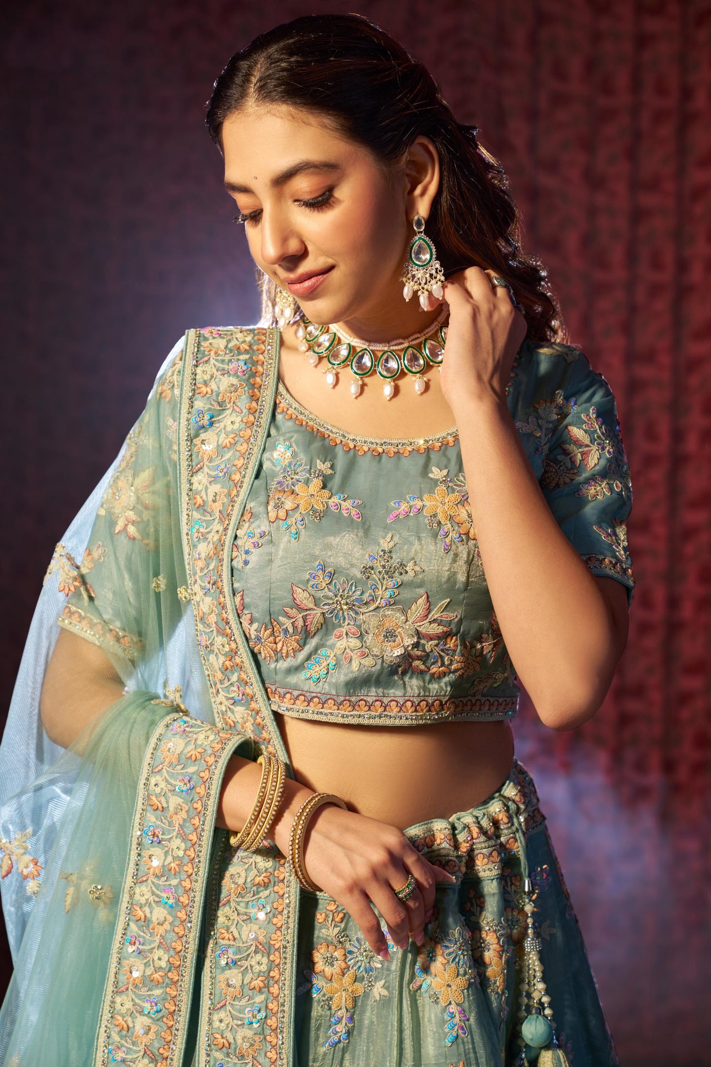 Turquoise Organza Zari &  Dori Embroidered Sangeet Lehenga