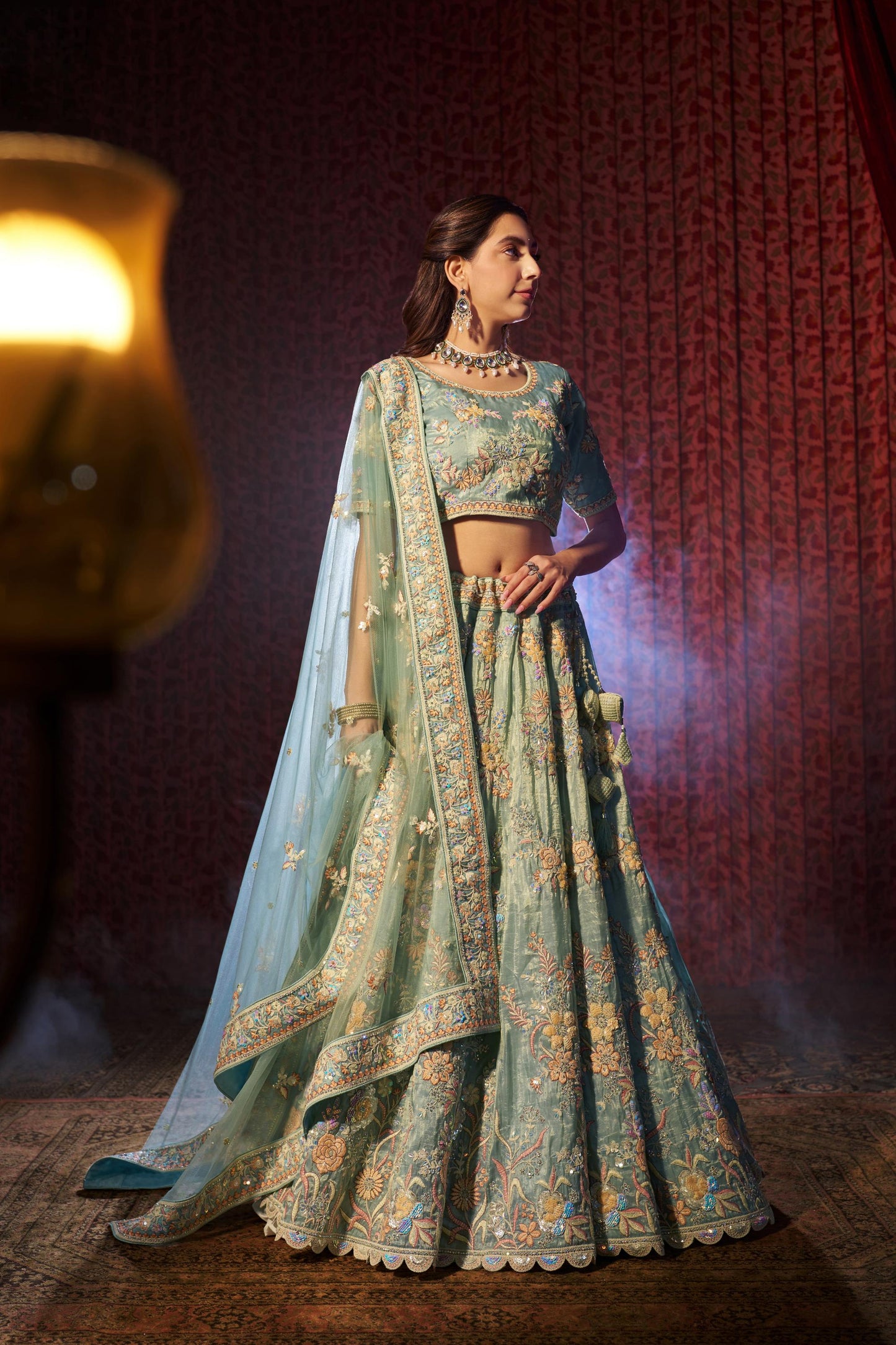 Turquoise Organza Zari &  Dori Embroidered Sangeet Lehenga